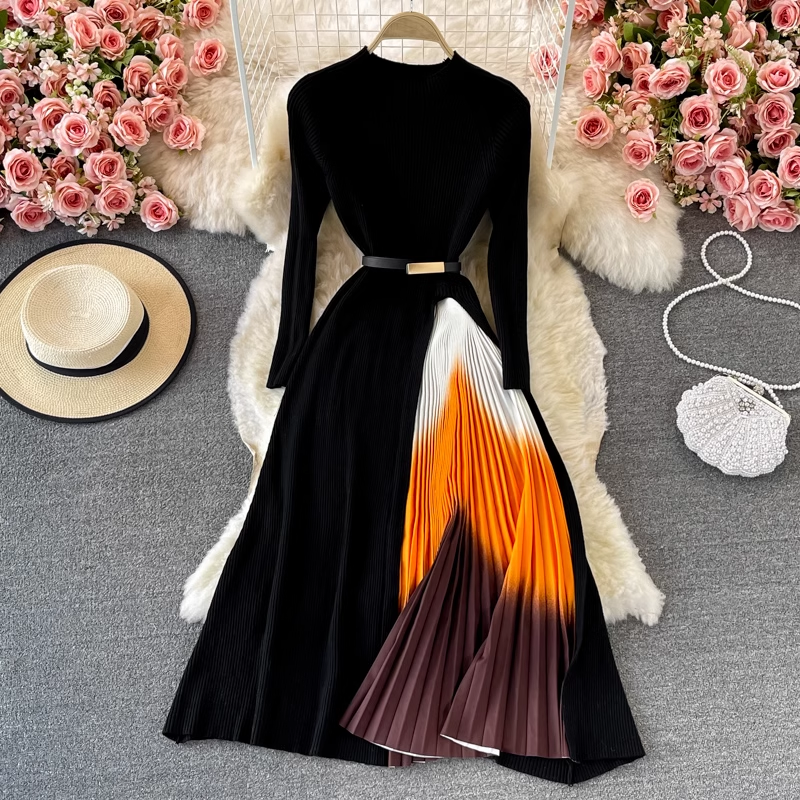 Elegant Black Long Sleeve Knitted Pleated Maxi Dress for Women - Fall Winter Swing Dress with Flowy Skirt | Perfect for Office, Date Night, and Holiday Parties