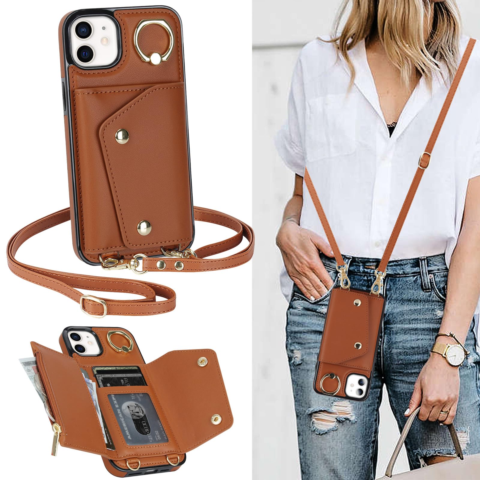 ELTEKER iPhone 11 Wallet Case with Card Holder, Crossbody Neck Strap & Ring Stand - Flip Cover Phone Case for Women (Brown) | Perfect for Travel, Shopping & Hands-Free Convenience