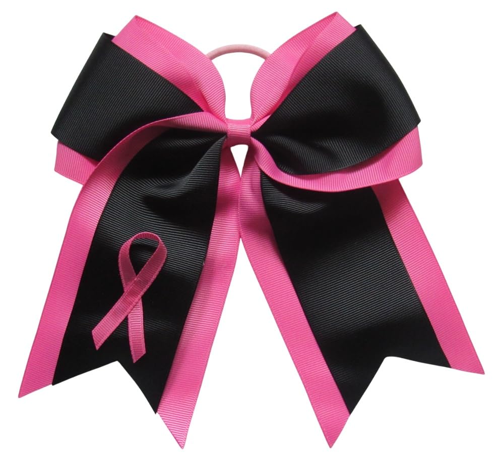 Black Breast Cancer Awareness Ribbon Cheer Hair Bow - 7 Inch Grosgrain Ribbon Hair Accessory for Girls, Cheerleading Practice, School Uniform & Pink Out Games - Support Cancer Awareness Events