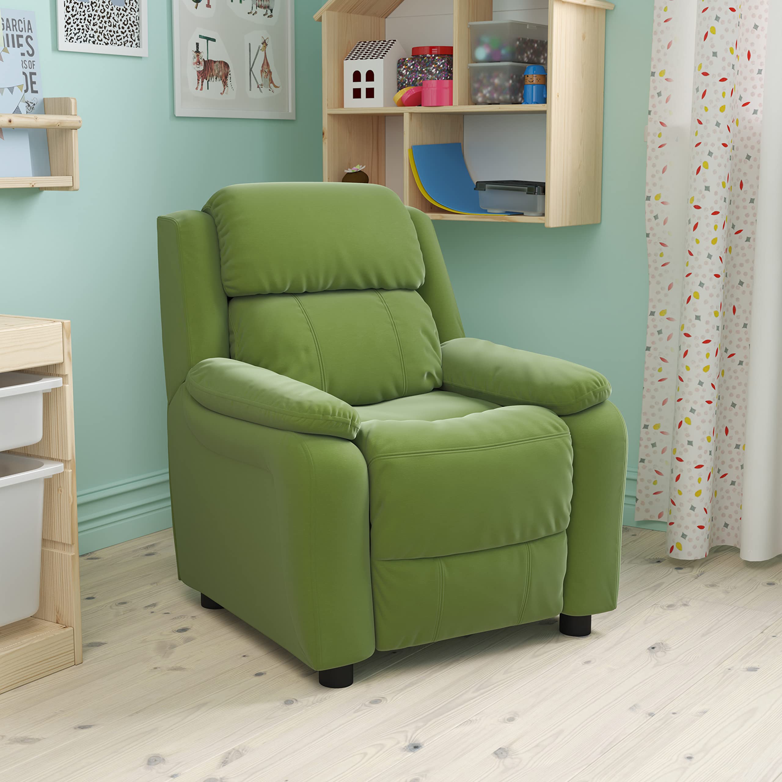 BizChair Deluxe Padded Avocado Green Microfiber Kids Recliner Chair with Storage Arms - Comfortable Children's Lounge Chair for Bedroom, Playroom & TV Watching