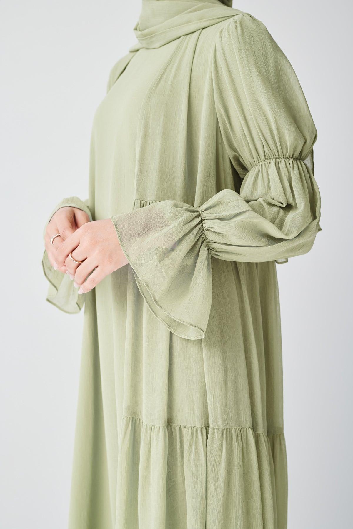 Bohemian Abaya Set for Women - Light Sage Green Flowy Maxi Dress with Embroidery | Perfect for Eid, Ramadan, Wedding & Special Occasions