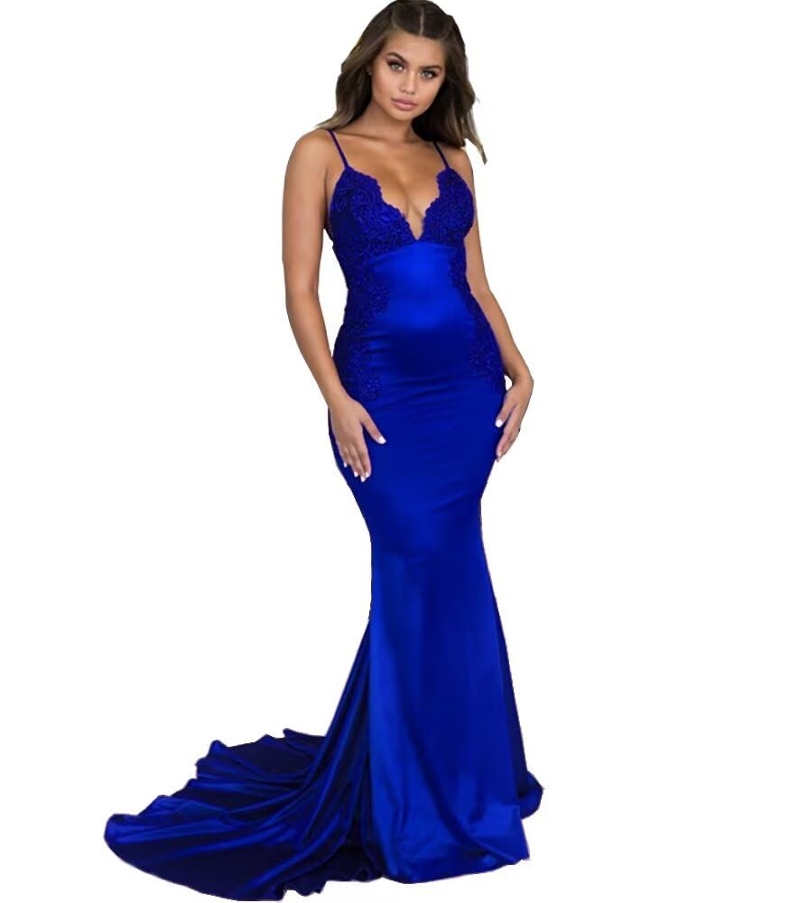 Elegant Royal Blue Mermaid Prom Dress with Lace Appliques & Long Train | Open Back Evening Gown for Women (US Size 4) | Perfect for Homecoming, Formal Dances & Special Occasions