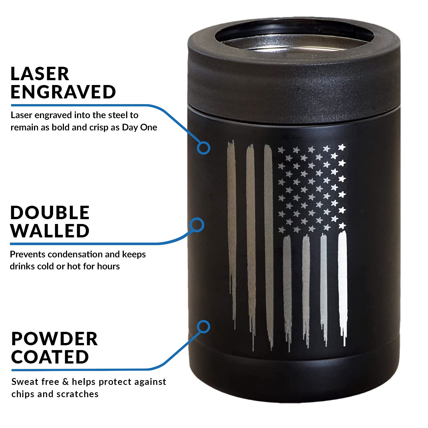 American Flag Insulated Can Cooler - Stainless Steel Bottle Cooler - Engraved USA Flag - Patriotic Gift for Men & Women - Disabled USMC Vet Owned Small Business - Perfect for BBQs, Tailgates & Outdoor Adventures