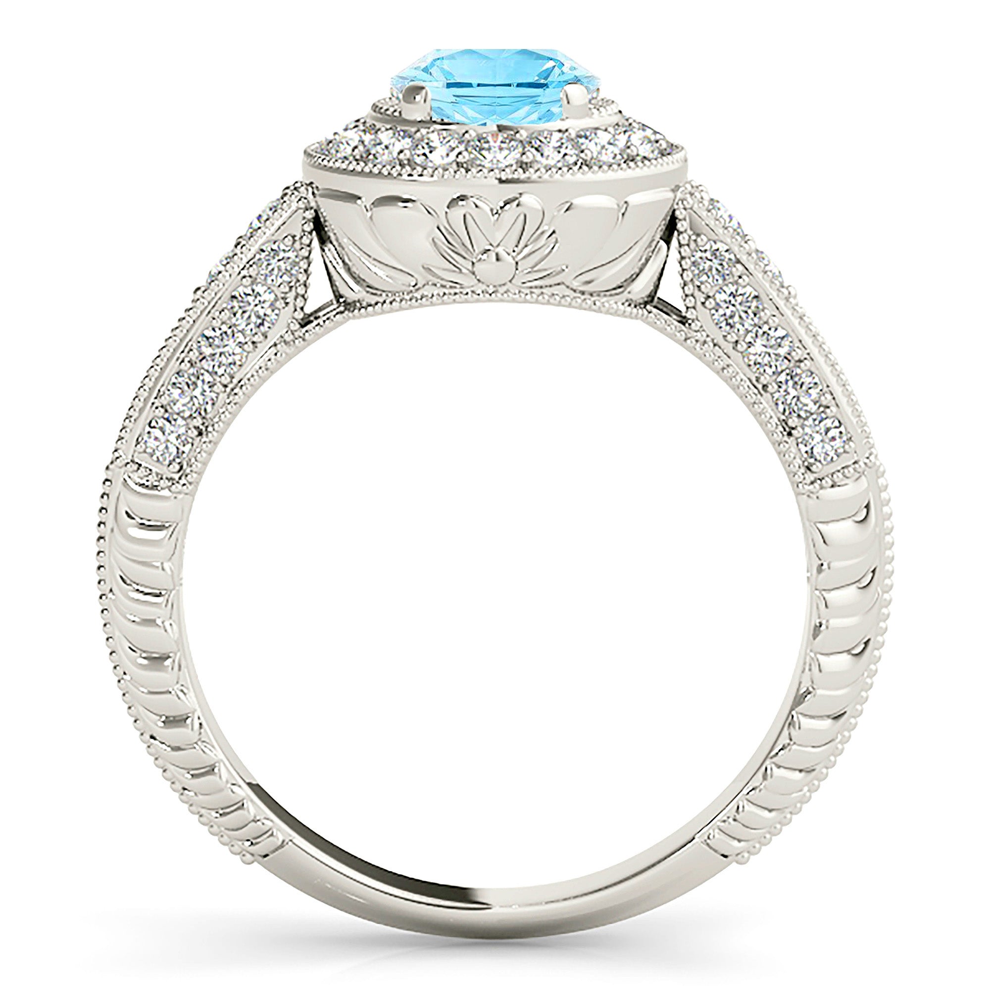 2.00 Carat Genuine Aquamarine Ring with Milgrain Halo & 3D Diamond Band – Elegant Wedding, Engagement, Anniversary Gift for Her