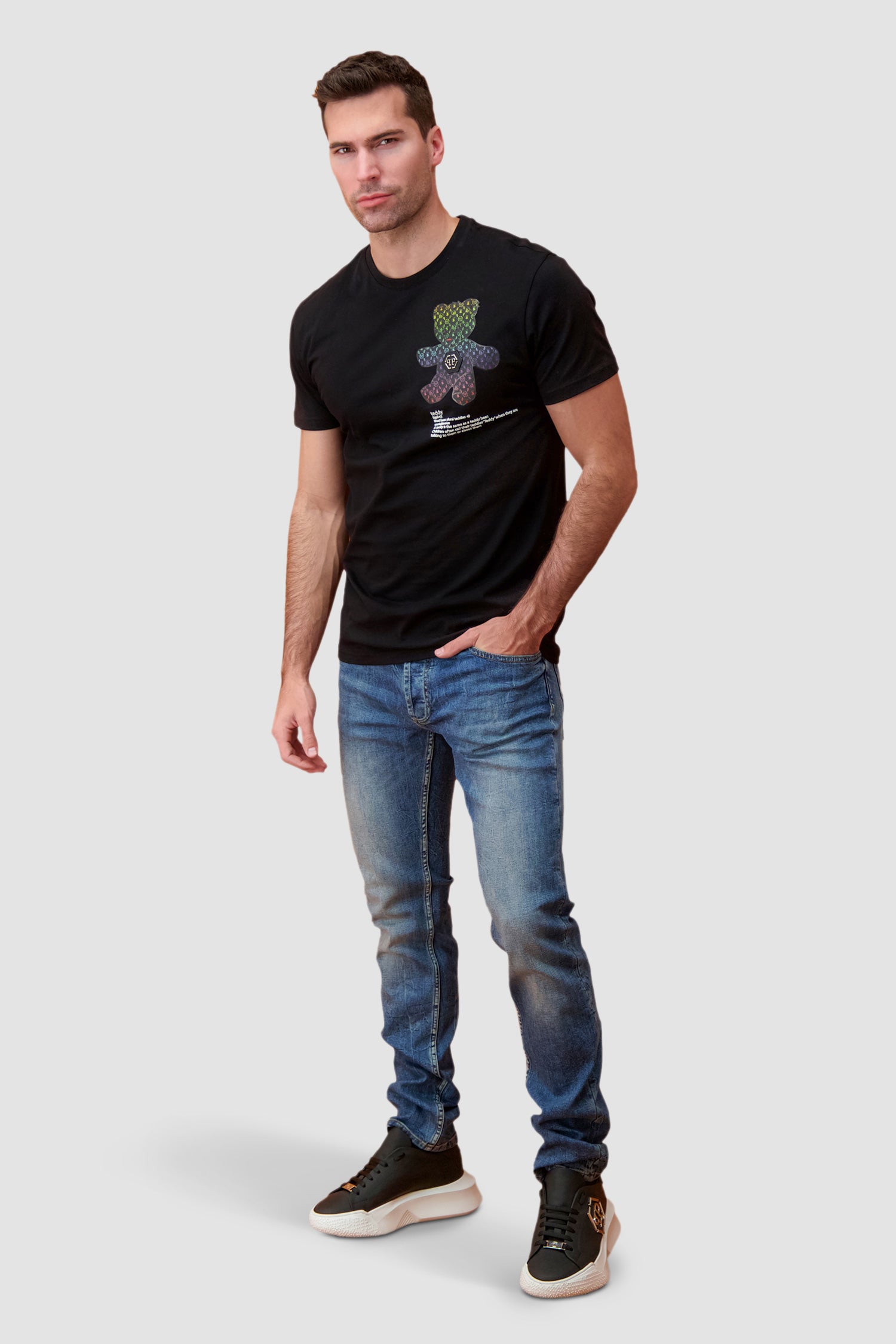 Philipp Plein Black & Multicolor Round Neck Short Sleeve Teddy Bear Graphic T-Shirt for Men - Casual Streetwear, Summer Outfits & Party Wear