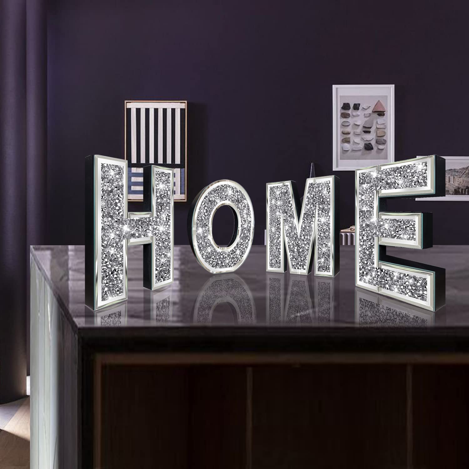 4-Piece Glam Crystal Diamond Letter Set - Silver Mirror Glass Home Decor for Wall, Fireplace, Bookshelf & Table - Perfect for Wedding, Birthday Party & Room Decoration