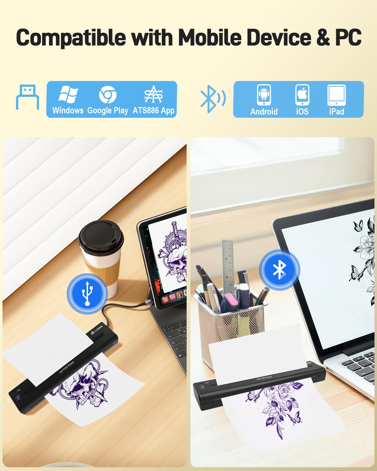 YILONG ATS886 Bluetooth Thermal Tattoo Stencil Printer - Portable Tattoo Machine for Artists & Beginners, Smartphone/PC Compatible - Perfect for Home Studios & Professional Tattoo Shops