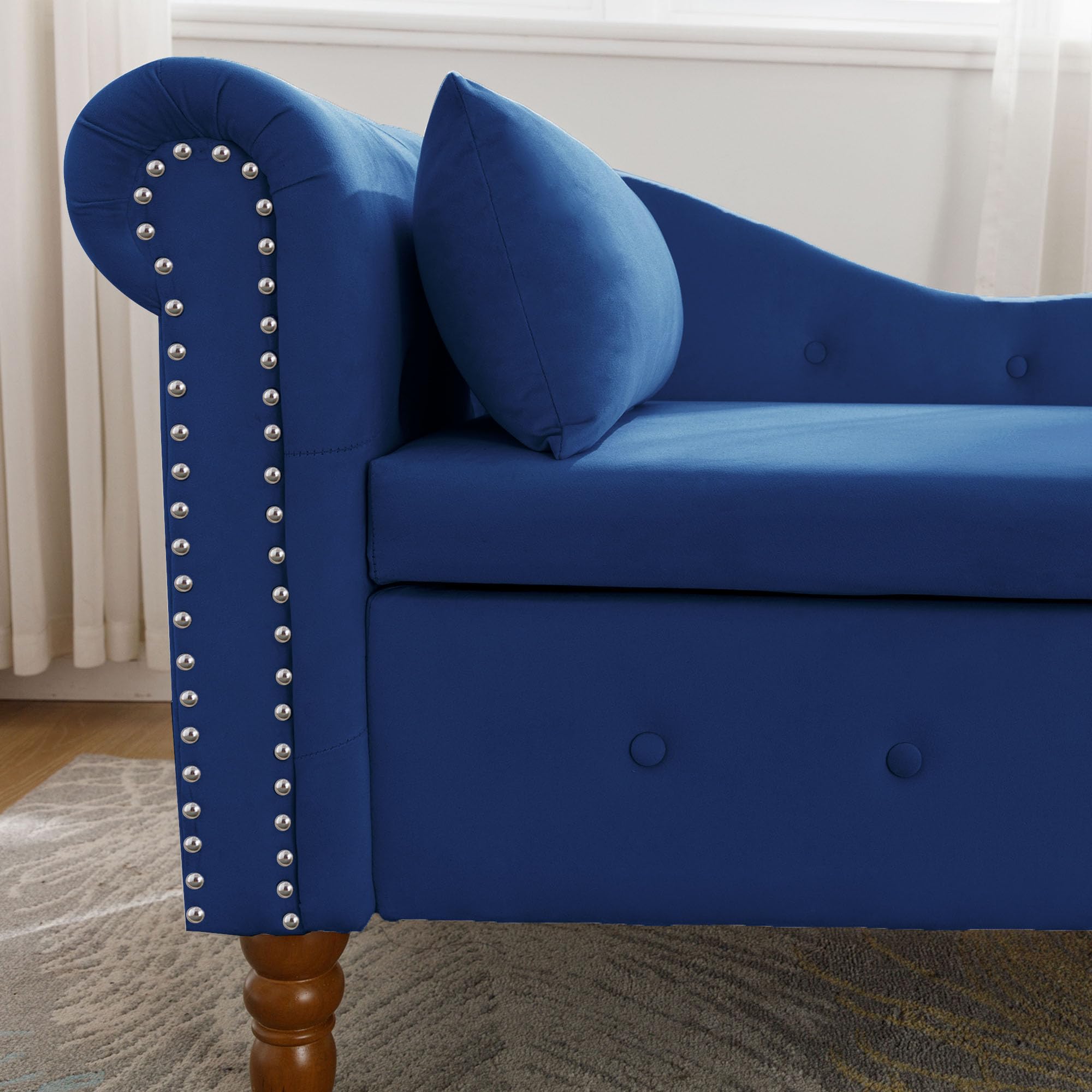Warmiehomy Velvet Chaise Lounge Chair with Pillow - Modern Upholstered Rolled Arm Storage Ottoman for Bedroom, Living Room & Office - Navy Blue with Nailhead Trim | Perfect for Relaxing, Reading & Napping