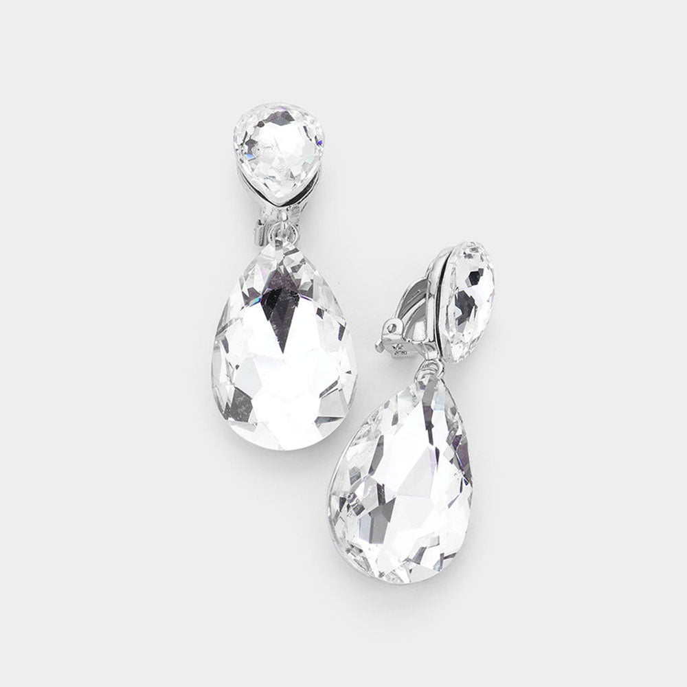 Crystal Clear Double Teardrop Clip-On Dangle Earrings for Women | Elegant Pageant Jewelry | Perfect for Weddings, Prom & Special Occasions | 535184