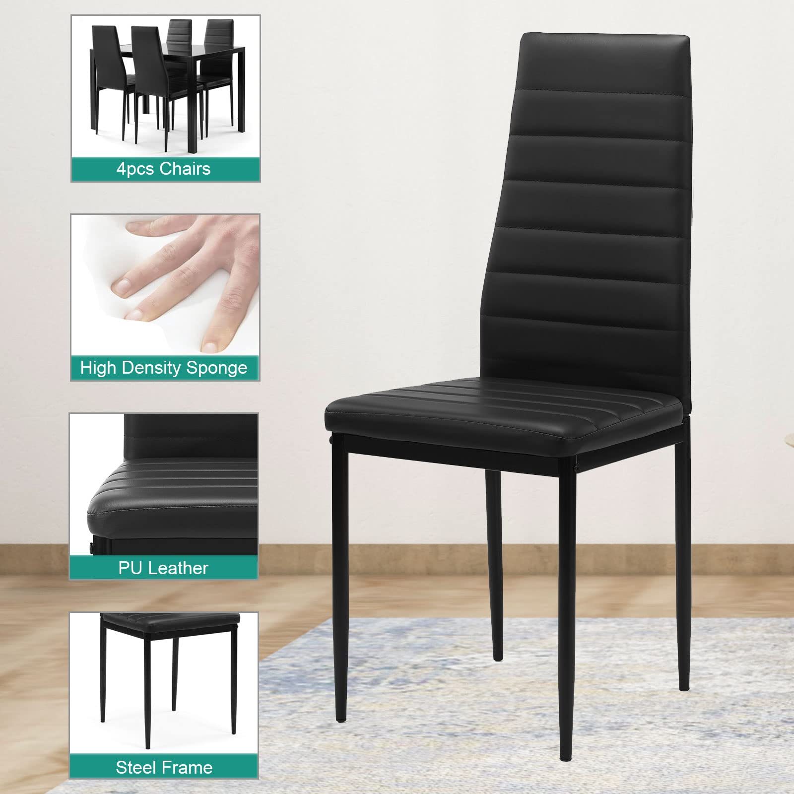 5-Piece Black Dining Table Set for 4 with Tempered Glass Top & Faux Leather Chairs - Space-Saving Kitchen Furniture for Small Apartments, Breakfast Nooks & Compact Dining Areas