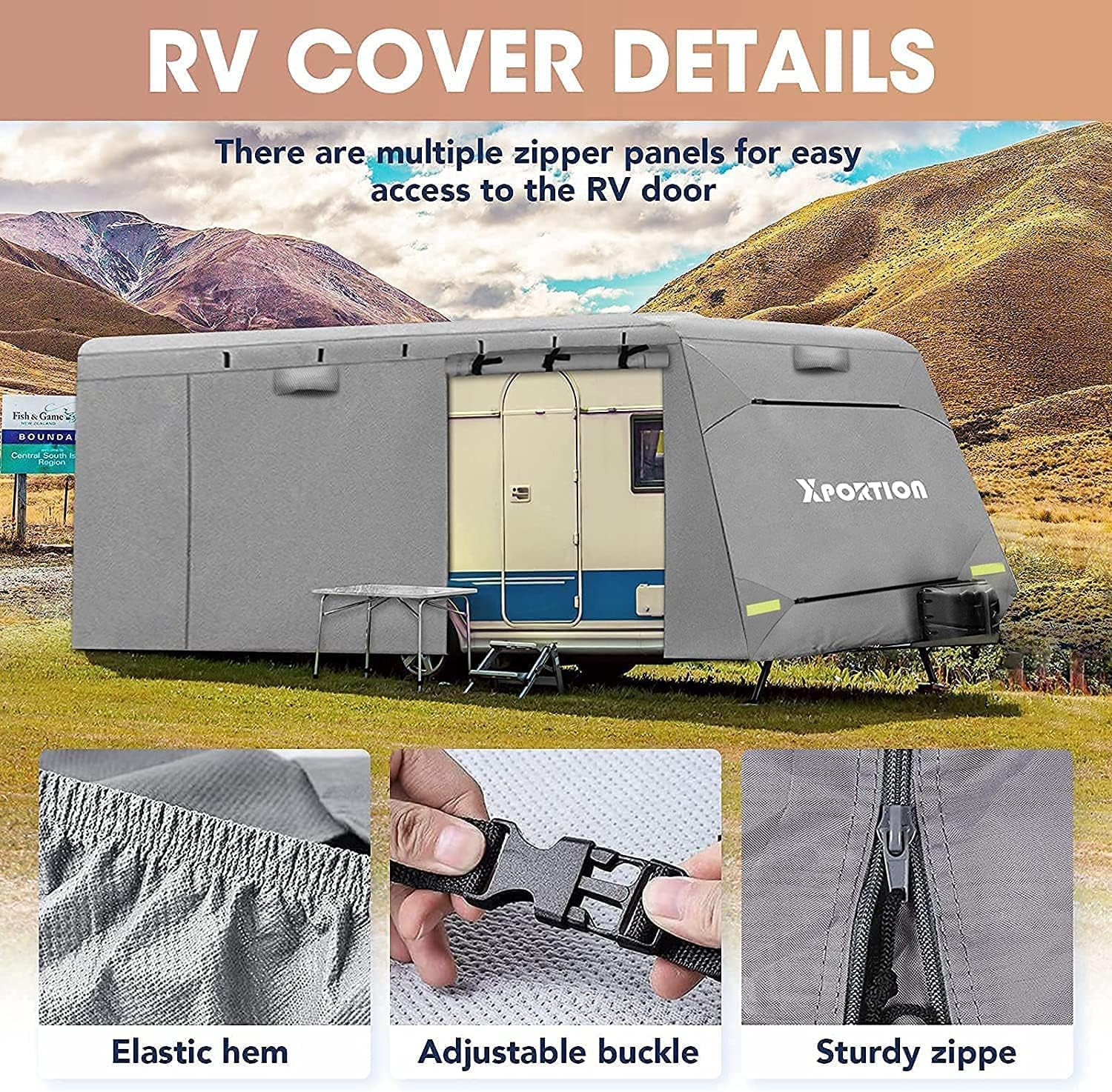 XPORTION 20-22' Waterproof RV Cover - Heavy Duty Travel Trailer & Camper Cover with UV Protection & Gutter Jack | All-Weather Protection for Outdoor Storage & Camping Trips