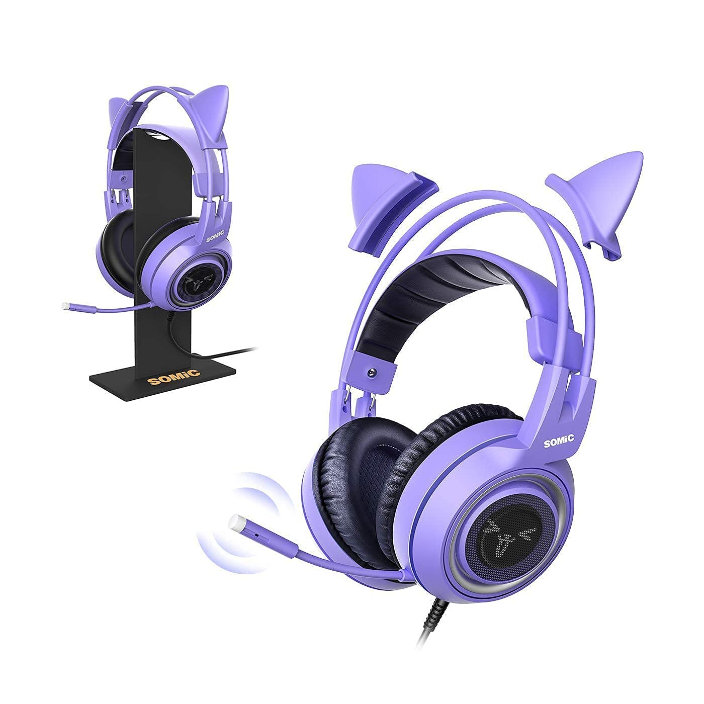 SOMIC G951S Purple Stereo Gaming Headset with Detachable Cat Ears & Black Headphone Stand - Compatible with PS4, PS5, Xbox One, PC, Mobile (3.5mm Jack) - Perfect for Gaming, Streaming & Online Classes