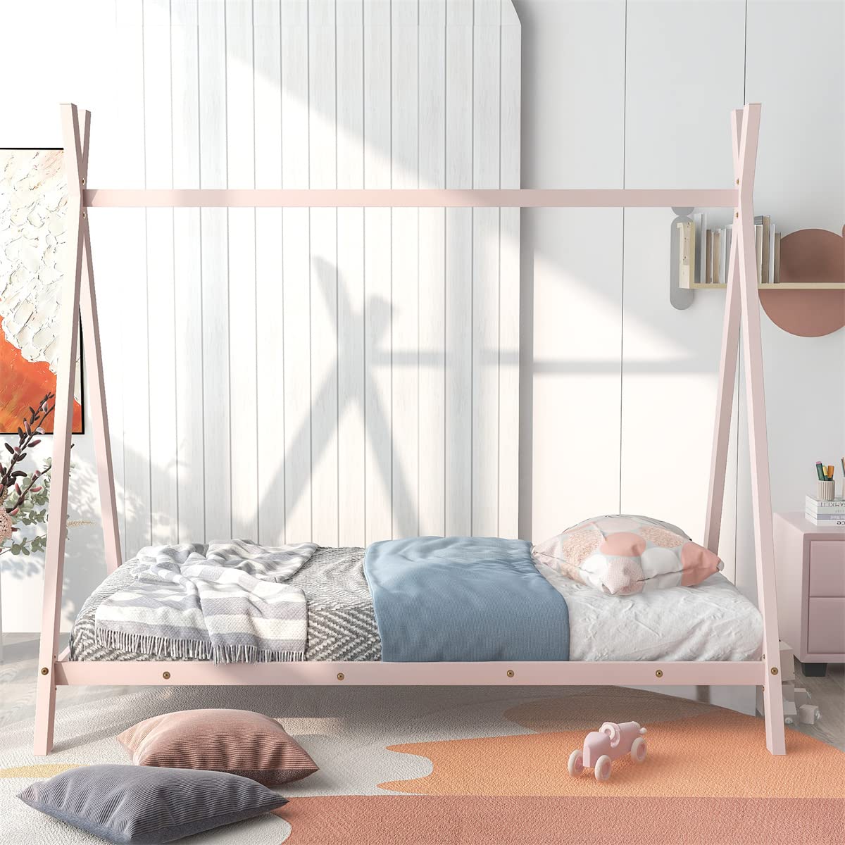 TRIPLE TREE Twin Size Metal House Bed Frame - Low Profile Floor Playhouse with Tent for Kids (Girls & Boys) | Sturdy Metal Slats Support | No Box Spring Needed | Pink Bedroom Furniture | Perfect for Playrooms, Kids' Bedrooms & Sleepover Fun