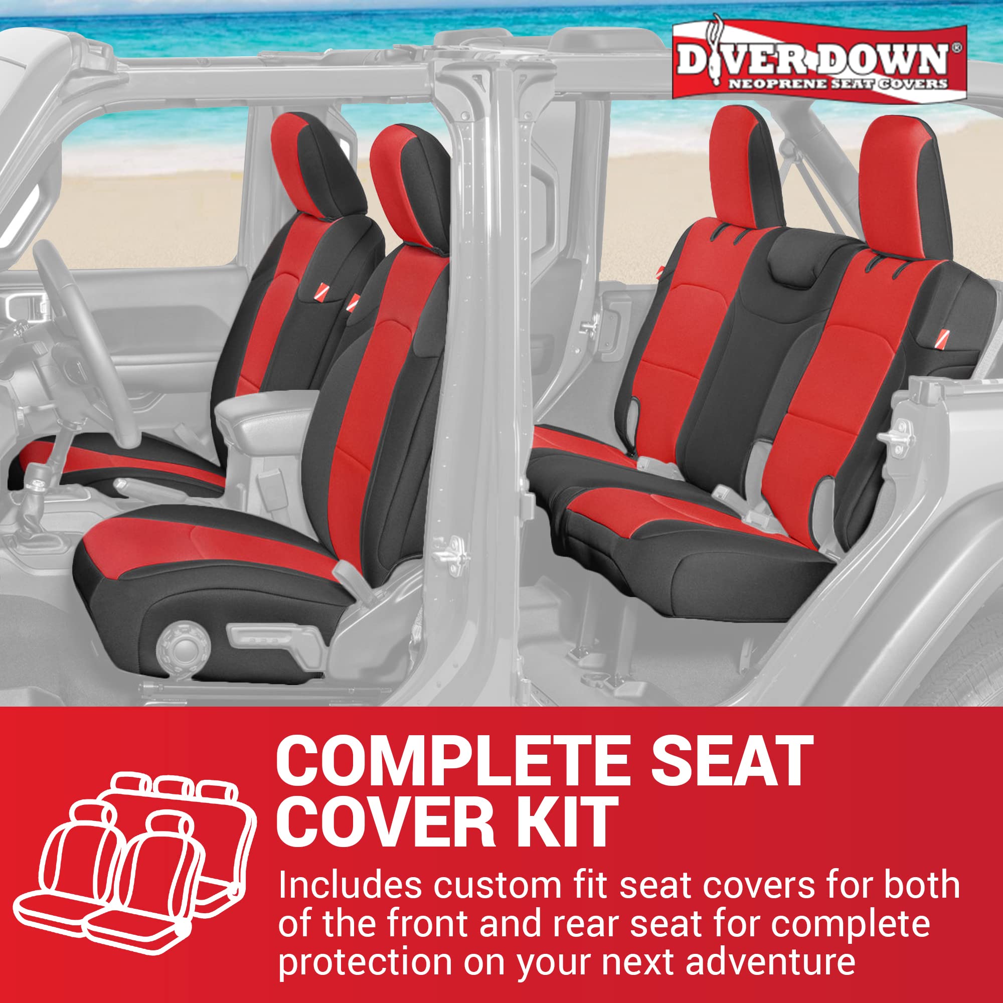 Diver Down Neoprene Seat Cover Set for Jeep JL 4-Door 2018-2022 Wrangler - Waterproof Custom Fit Front & Rear Seat Covers - Soft Padded Thermal Resistant Cushion (Blue, Cloth Seats) - Perfect for Off-Roading, Camping & Outdoor Adventures