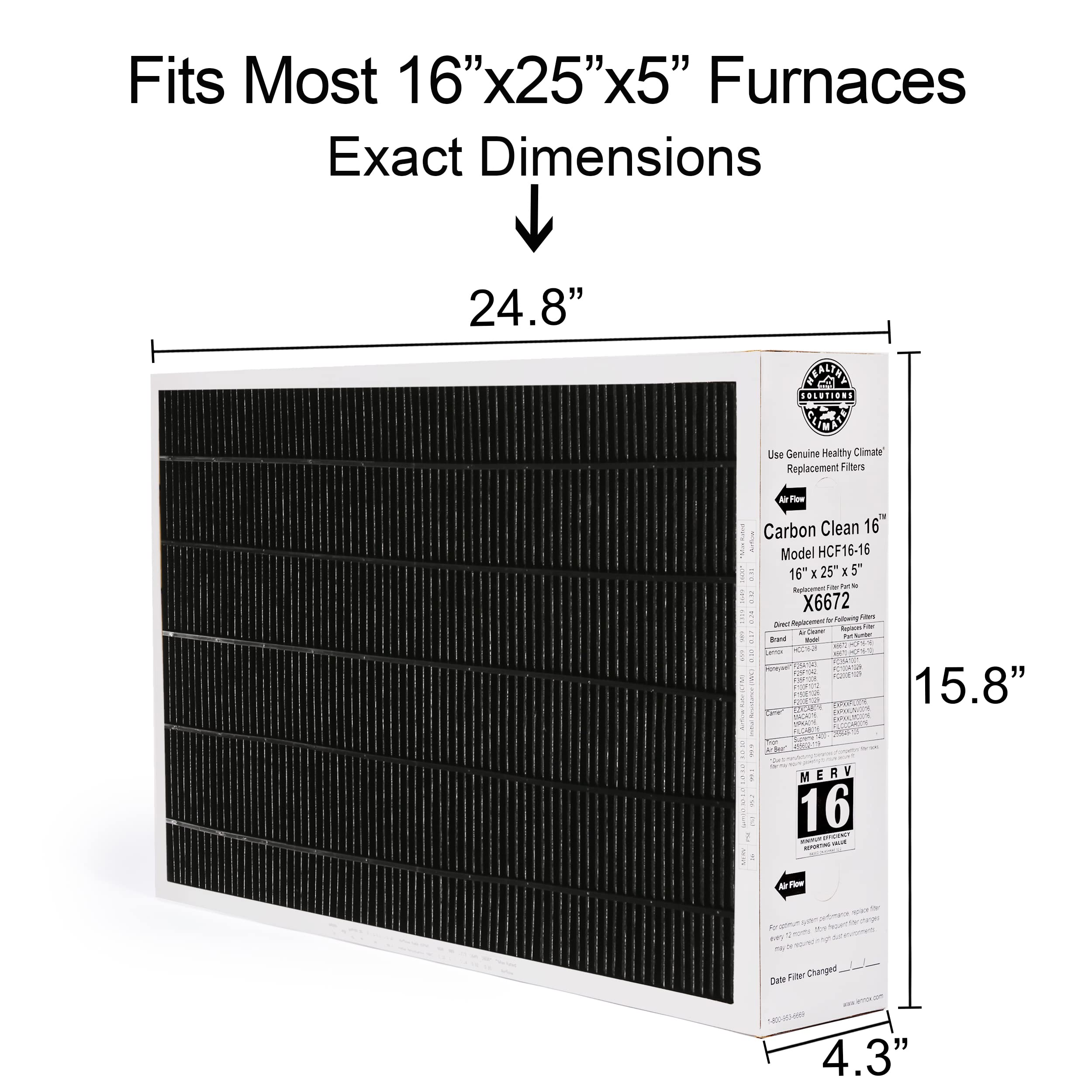 Lennox X6672 16x25x5 MERV 16 Furnace Air Filter - Healthy Climate Carbon Clean HVAC System Replacement - for Home, Office & Commercial Use - Includes Free Wholesalehome Cleaning Cloth - Improves Indoor Air Quality & Reduces Allergens