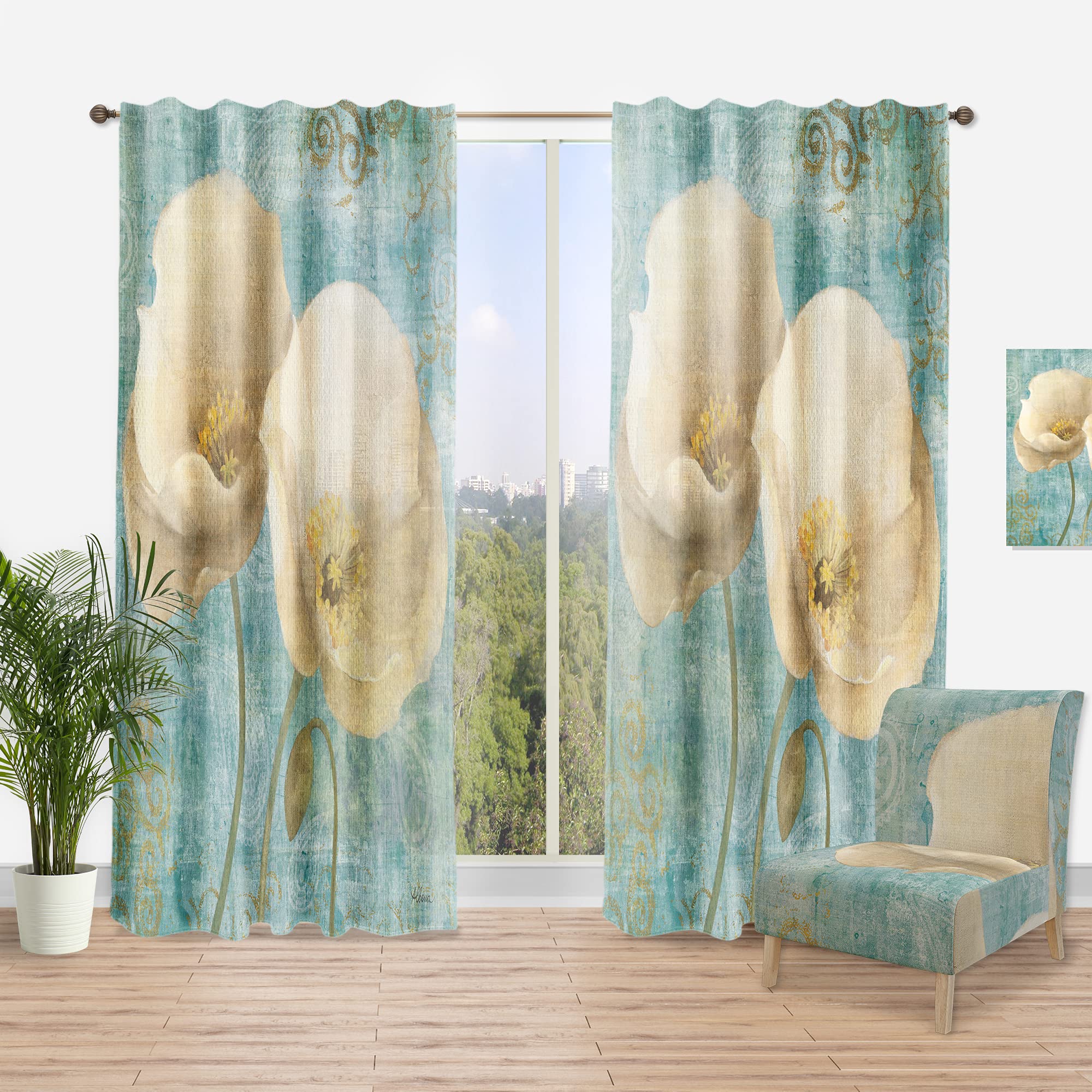 DesignQ 'Bouquet Poppies on Paisley II' Thermal Insulated Curtains - 52x120 Inch Single Panel - Elegant Window Treatments for Bedroom & Living Room - Perfect for Home Decor, Light Blocking & Energy Saving