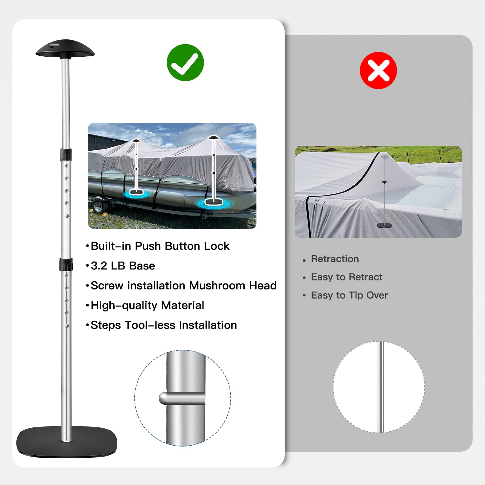 Adjustable Pontoon Boat Cover Support Poles - 2 Pack with EVA Foam for Protection | Marine Use