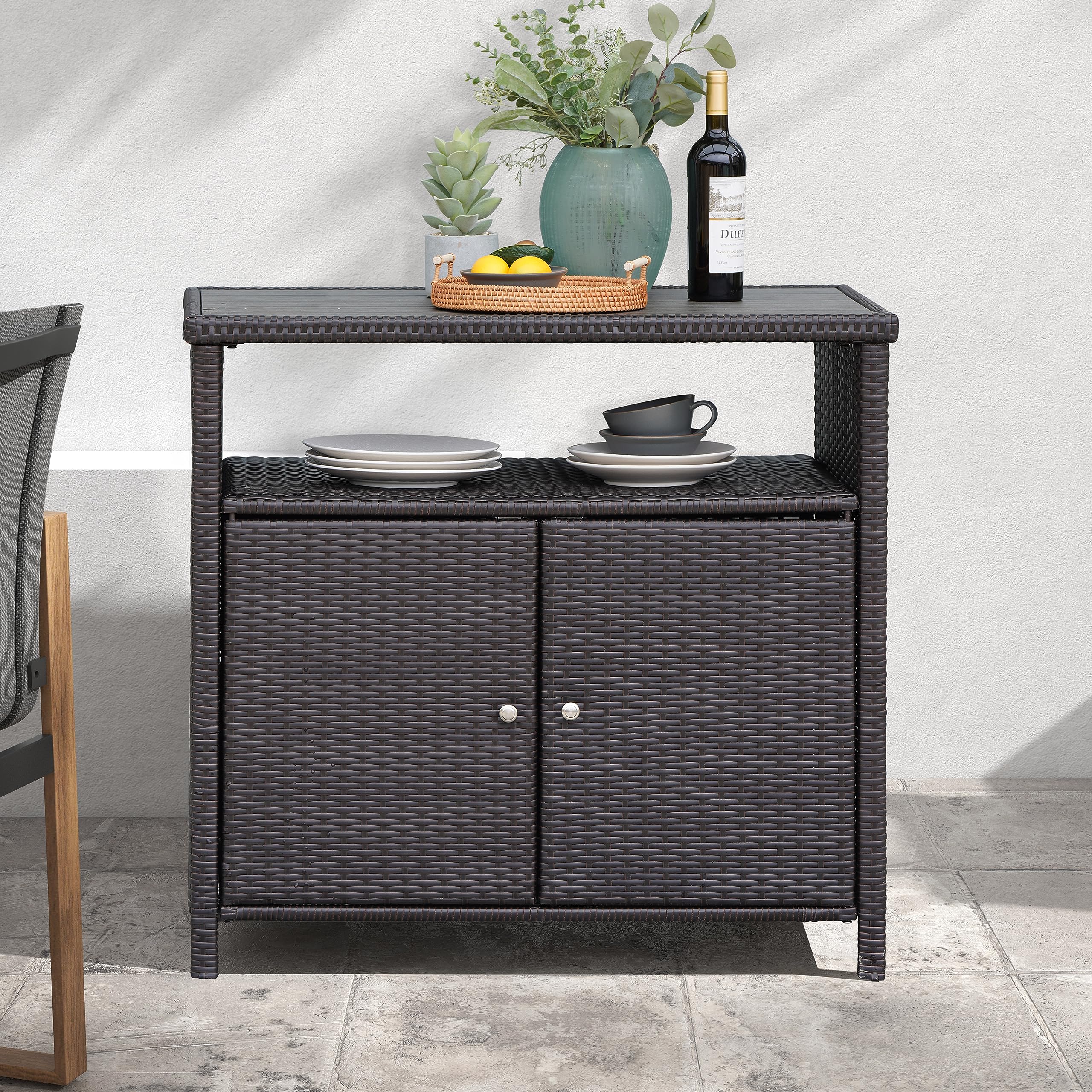 Waterproof Dark Brown Outdoor Wicker Storage Cabinet with 2 Doors & Shelves - Patio Furniture Sideboard Buffet Cabinet for Garden, Deck, and Poolside Organization