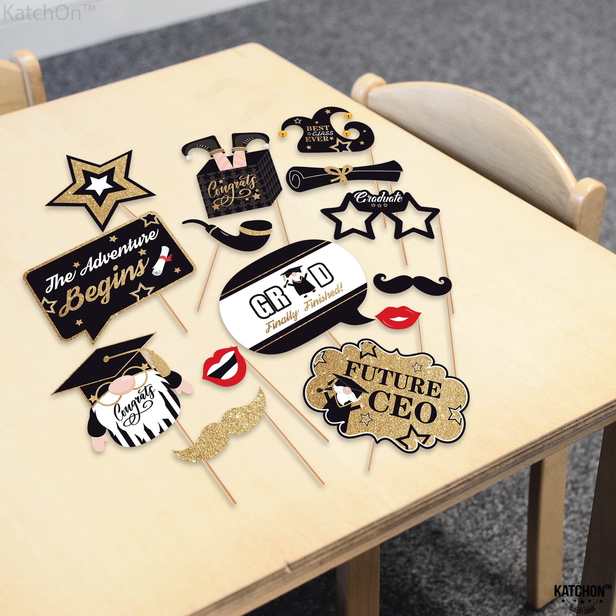 KatchOn Graduation Photo Booth Props 2024 - 25 Pack Black & Gold Class of 2025 Decorations | Perfect for Graduation Parties, Photo Shoots & Commencement Celebrations