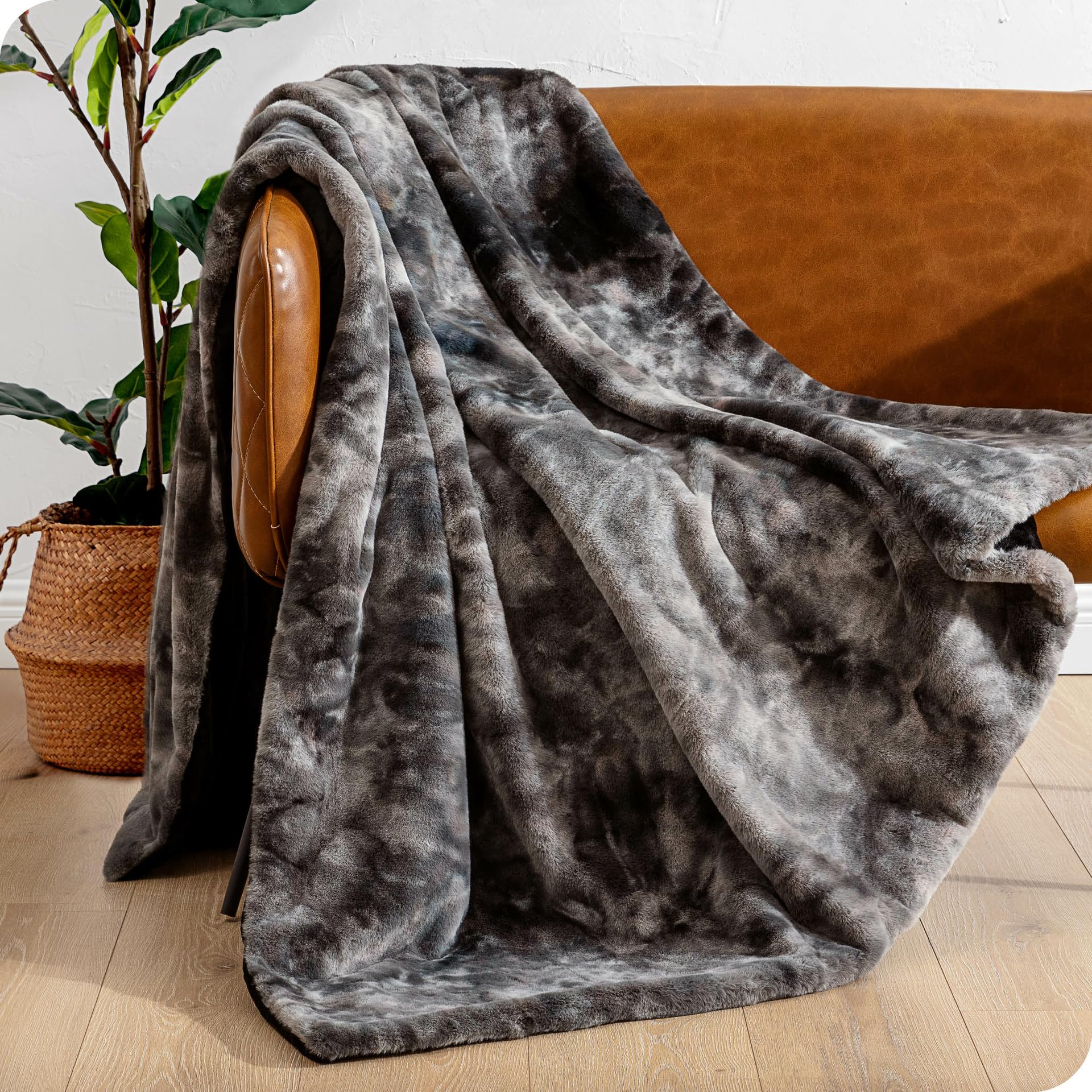 Bare Home Faux Fur Blanket - Ultra Soft Luxury Throw Blanket for Couch, Bed & Sofa - Fluffy Cozy Warm Decorative Blanket 80x60 Inches (Oversized Grey Tie Dye) - Perfect for Winter Nights, Movie Time & Home Decor