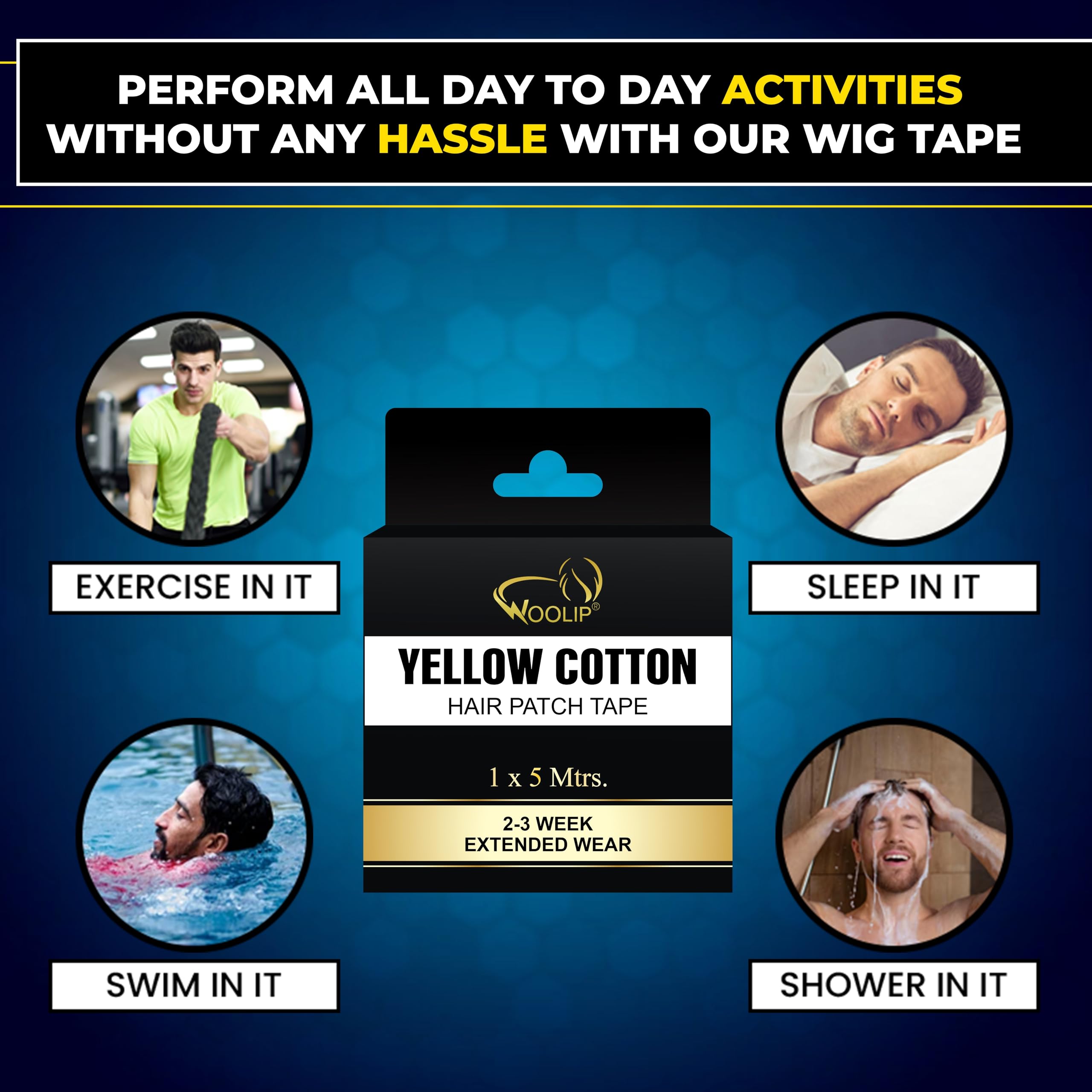 Woolip Hair Patch Tape - Ultra Strong Hold Double Sided Waterproof Hair Extension Tape for Weaves & Wigs (1 Inch Cotton, 5M Length, Pack of 2, Yellow) | Perfect for Salon Professionals & DIY Hair Styling at Home
