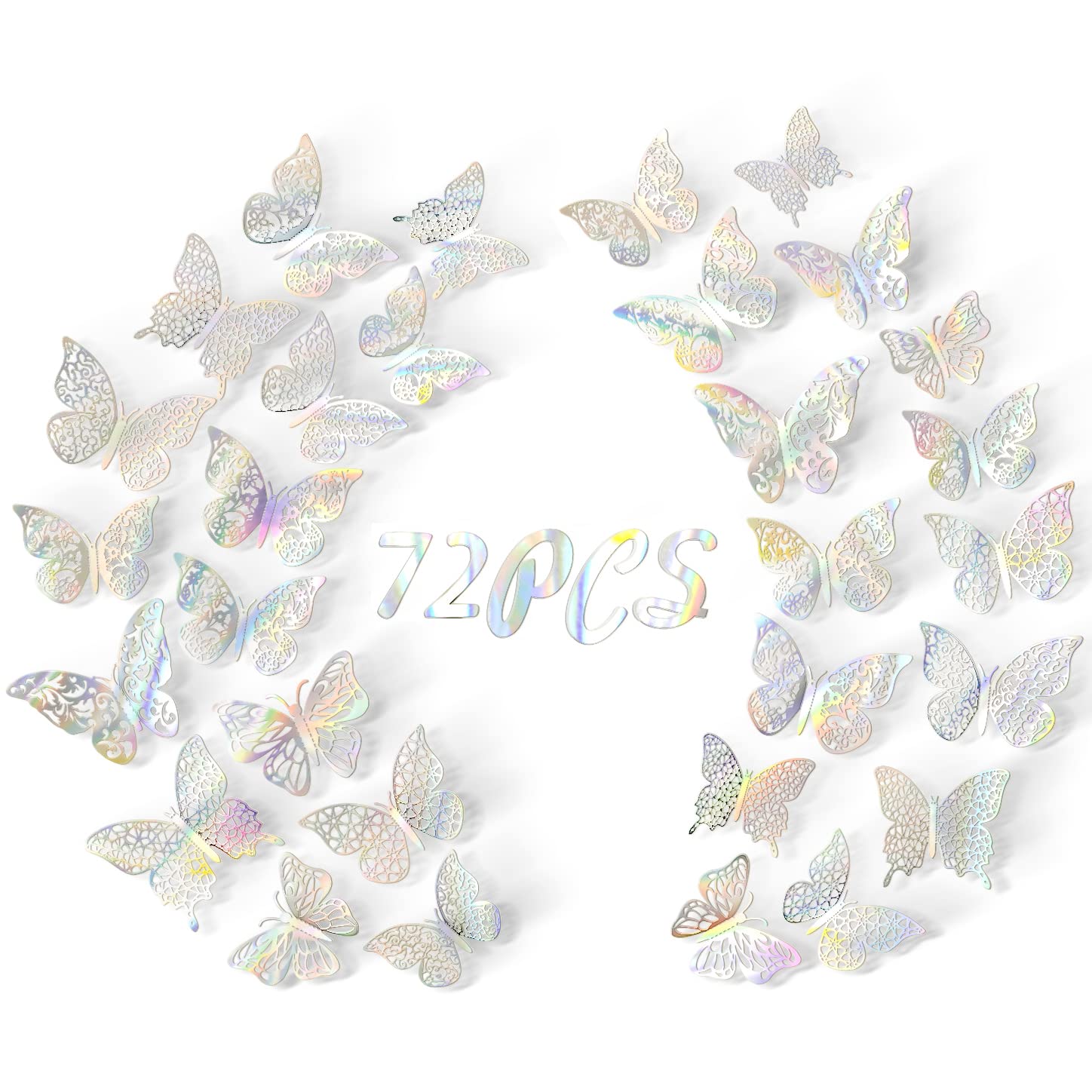 72 PCS 3D Butterfly Wall Decor - 6 Styles in 3 Sizes for Birthday Party, Nursery, Wedding & Cake Decorations - Laser Cut Butterfly Stickers for Kids Bedroom & Home Decor