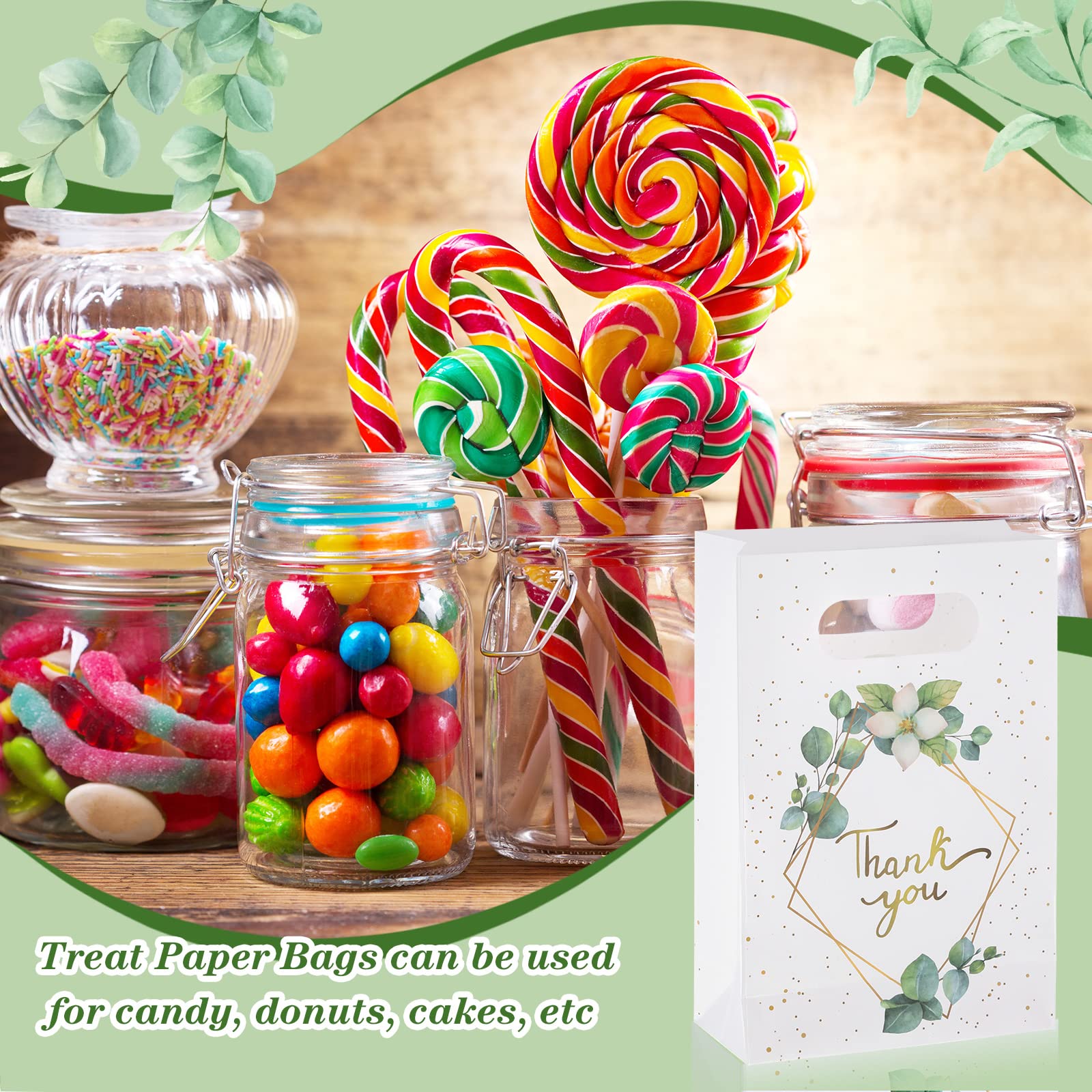 60 Pcs Greenery Eucalyptus Thank You Gift Bags with Handles - Bulk Paper Bags for Business, Party Favors, Wedding, Birthday, Boutique Merchandise | Perfect for Thank You Gifts, Event Favors & Retail Packaging