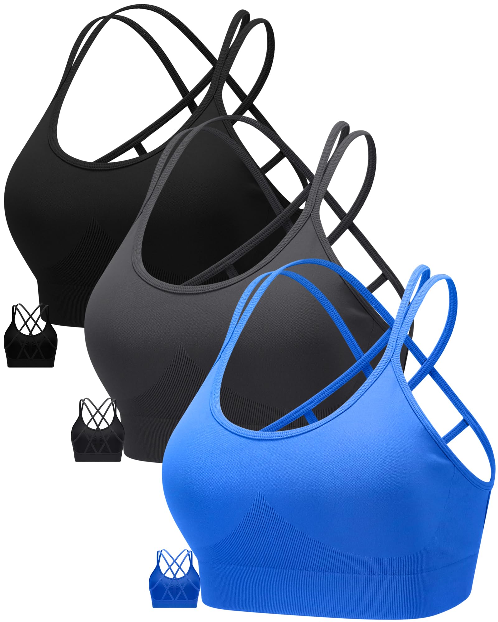 RUNNING GIRL Women's Criss Cross Back Sports Bras 3-Pack - Seamless Padded Yoga Bra with Removable Cups - Sexy Strappy Workout Top for Running, Gym & Yoga