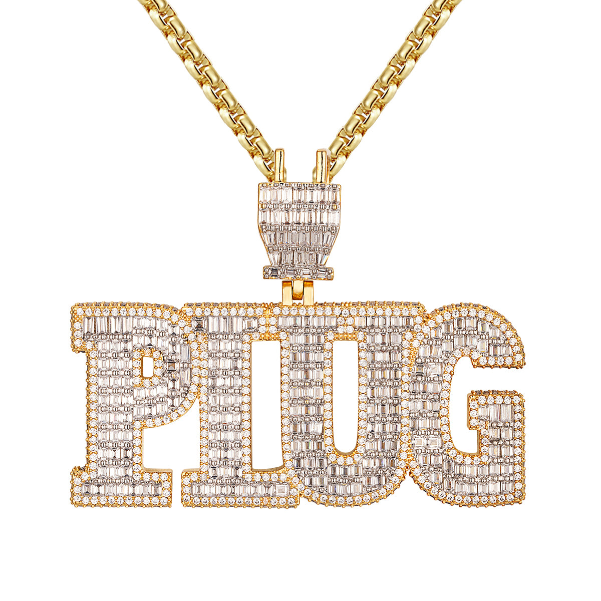 3D Yellow Tone Baguette Plug Custom Sterling Silver Pendant Necklace - Perfect for Everyday Wear, Gifts & Special Occasions