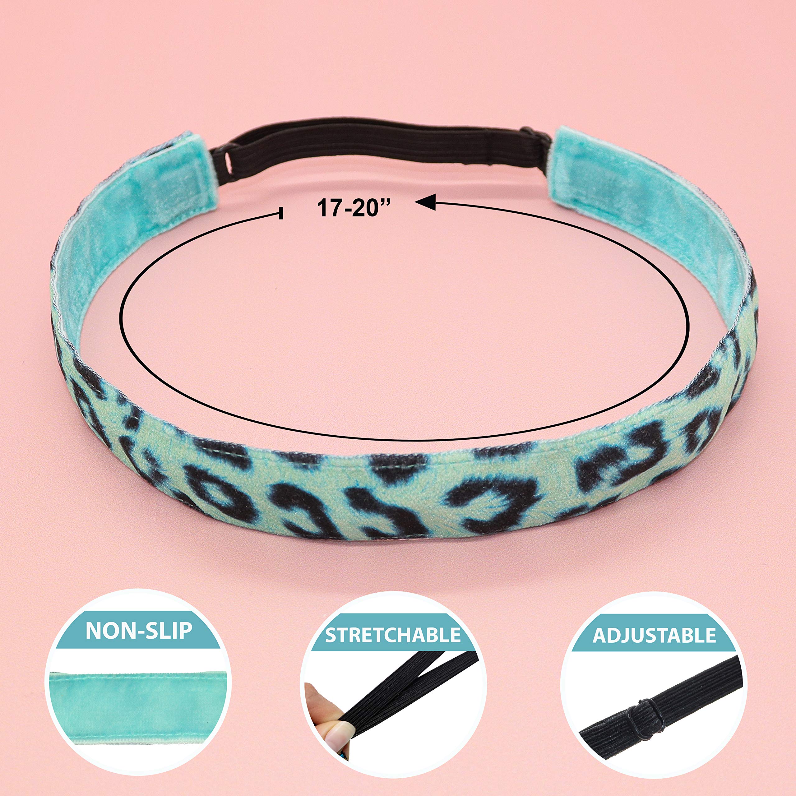 FROG SAC 4 Leopard Print Headbands for Girls & Women - Adjustable Stretch Elastic Cheetah Fabric Hair Bands for Kids & Teens - Non-Slip Thin Athletic Sports Headwear for Running, Yoga & Workouts