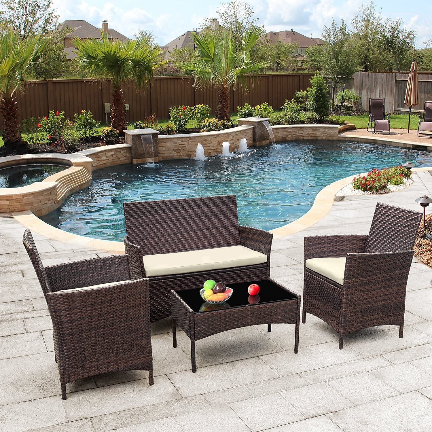 4-Piece Outdoor Patio Rattan Furniture Set with Cushions - Weather-Resistant Wicker Conversation Set for Balcony, Garden, or Indoor Use - Includes Coffee Table & Chairs for Relaxing & Entertaining