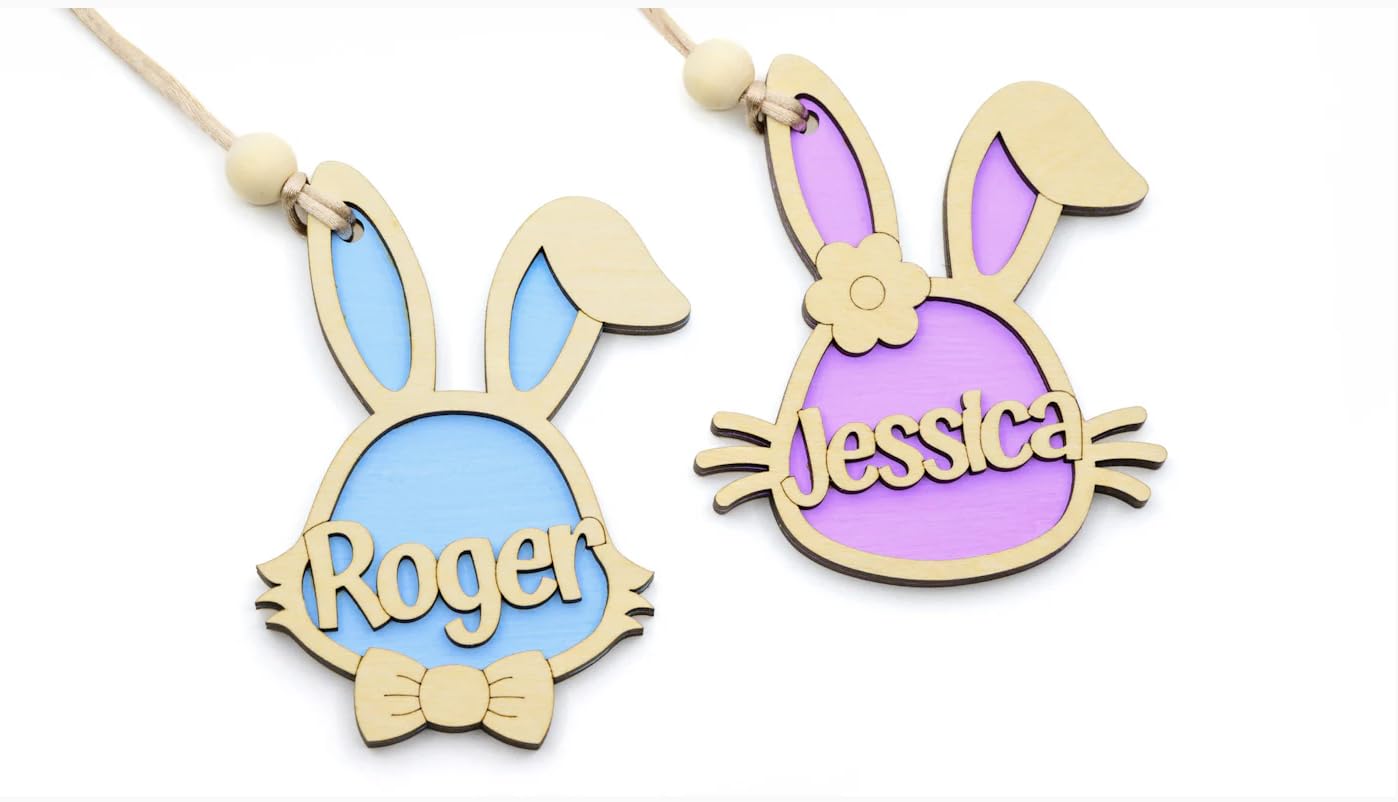 Easter Basket Name Tags - Wooden Acrylic Name Labels for Gifts & Easter Baskets - Personalized Whiskers Design for Girls - Perfect for Easter Celebrations, Party Favors & Gift Wrapping