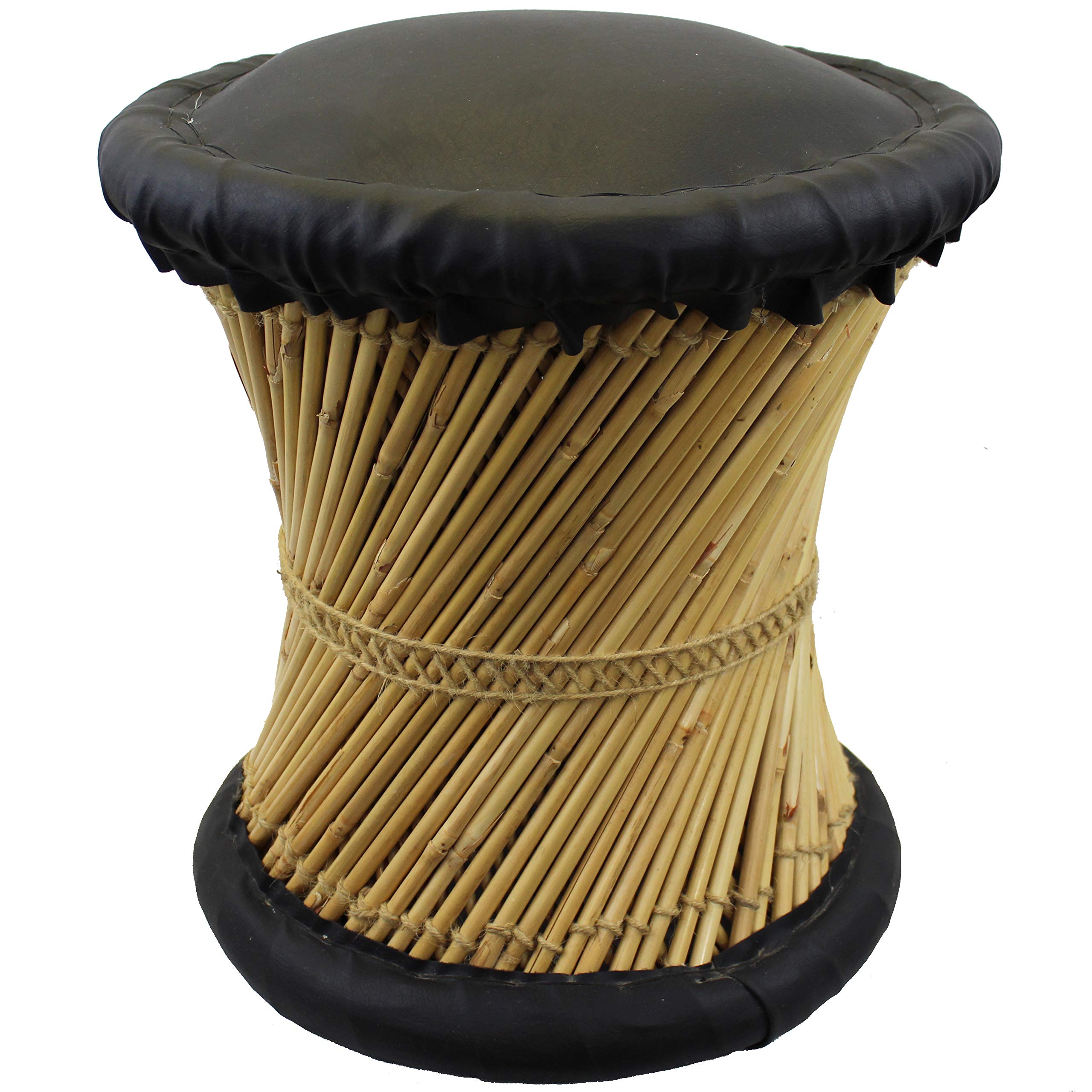 Natural Geo Moray Faux Leather Reed Decorative Accent Stool - Black Cushioned Ottoman for Living Room, Bedroom & Home Decor