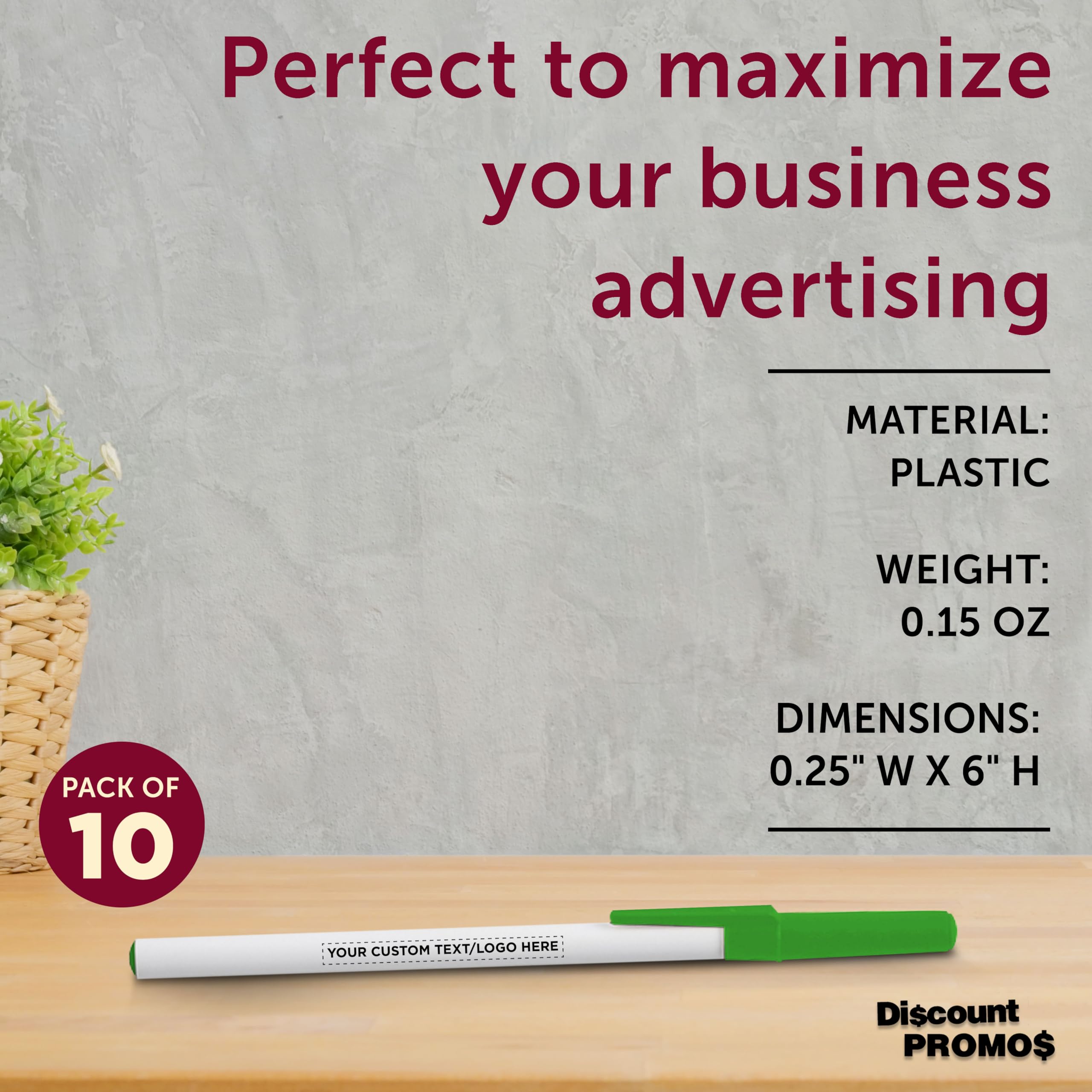 Custom Value Stick Pens Set of 10 - Personalized Bulk Pack with Black Ink - Premium Promotional Pens for Office, School, Business, Tradeshows & Events - Perfect for Branding, Giveaways & Corporate Gifts (Green)