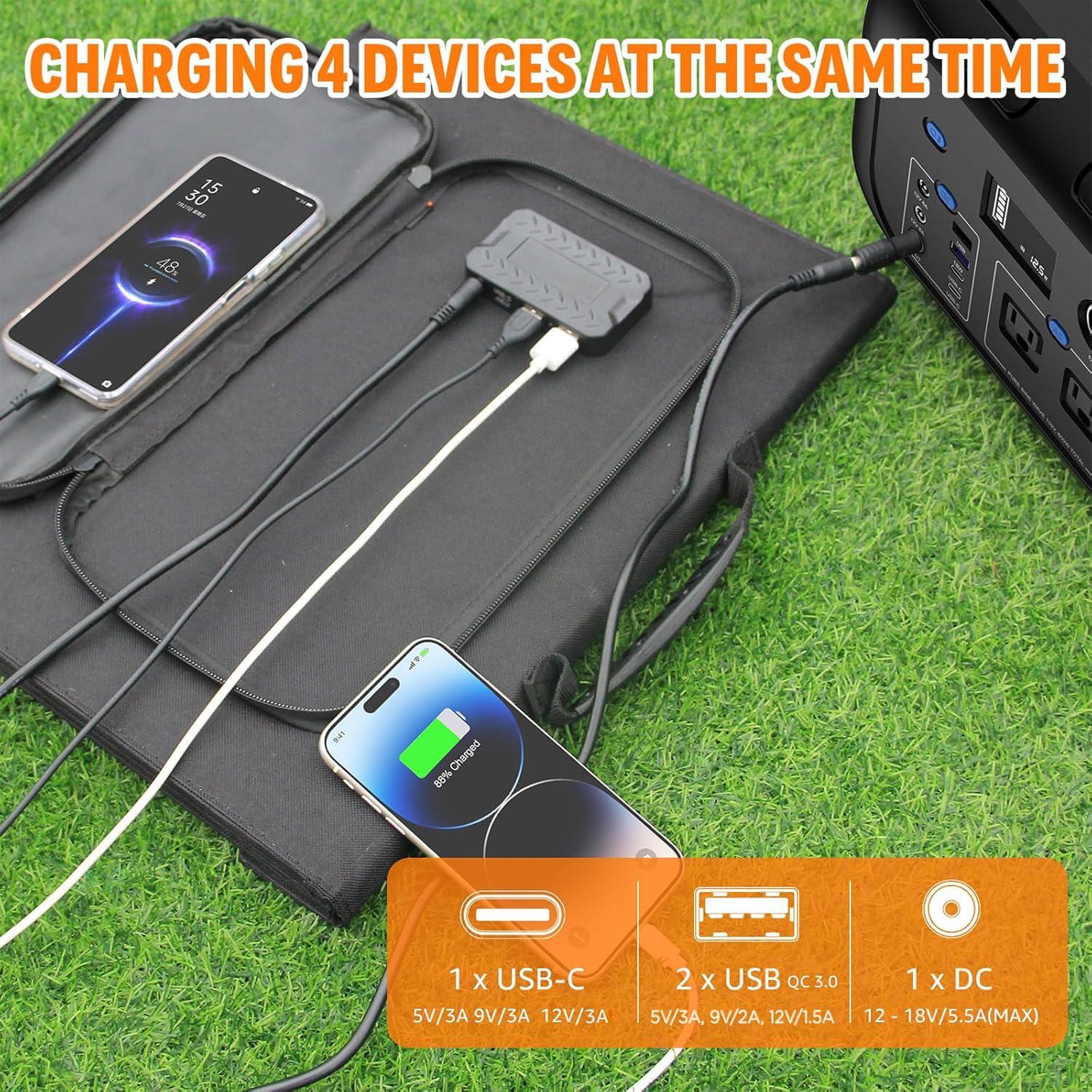 100W Portable Solar Panel with USB QC 3.0/USB-C/18V DC - Foldable Solar Charger for Power Stations, iPhones, Galaxy Phones & Tablets - IPX4 Waterproof for Camping, Hiking, RV Trips & Outdoor Adventures - Perfect for Emergency Power & Off-Grid Living