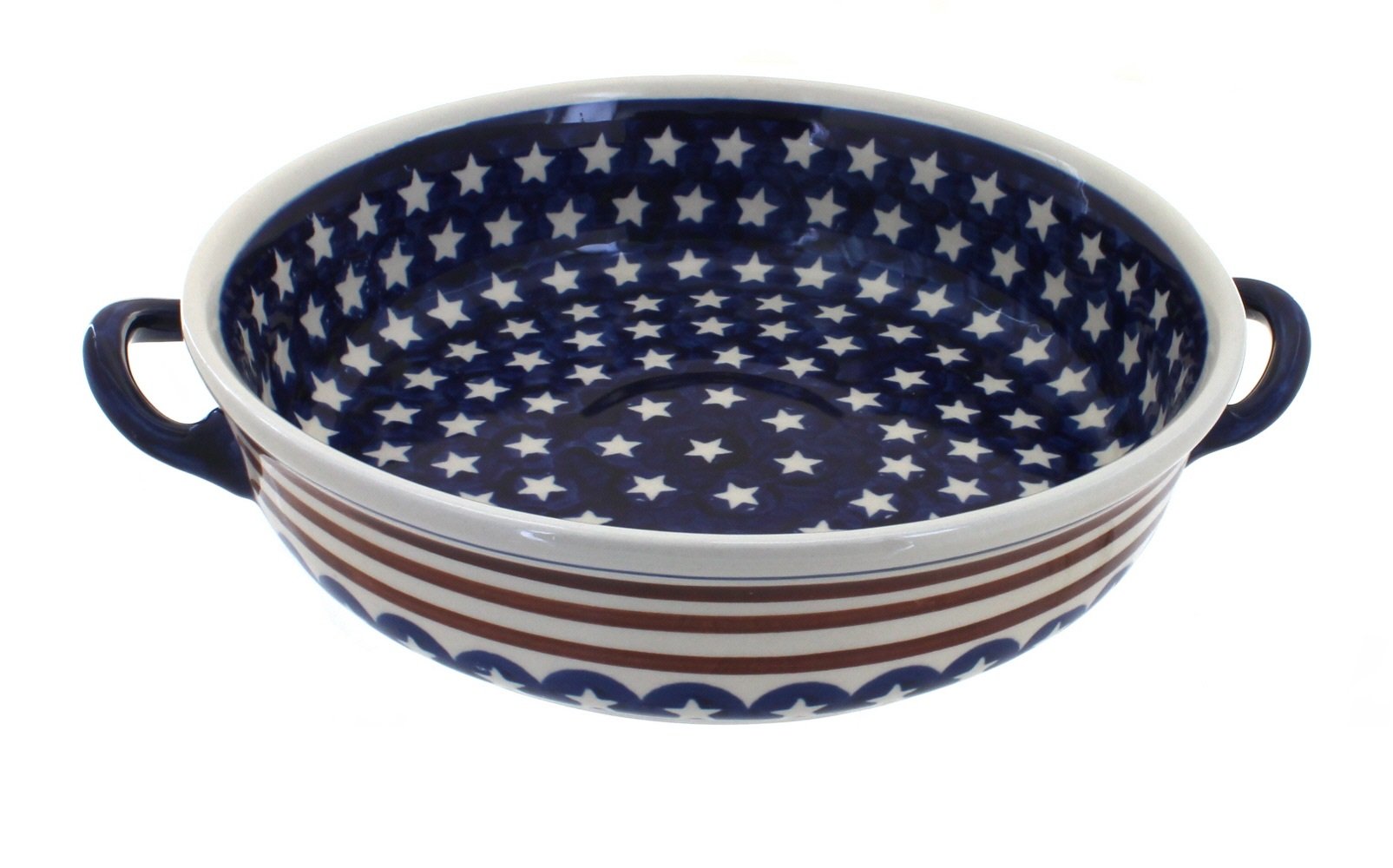 Blue Rose Polish Pottery Stars & Stripes Round Casserole Dish with Handles - Handmade Ceramic Baking Pot for Oven, Stovetop & Serving - Perfect for Casseroles, Stews & Holiday Dinners