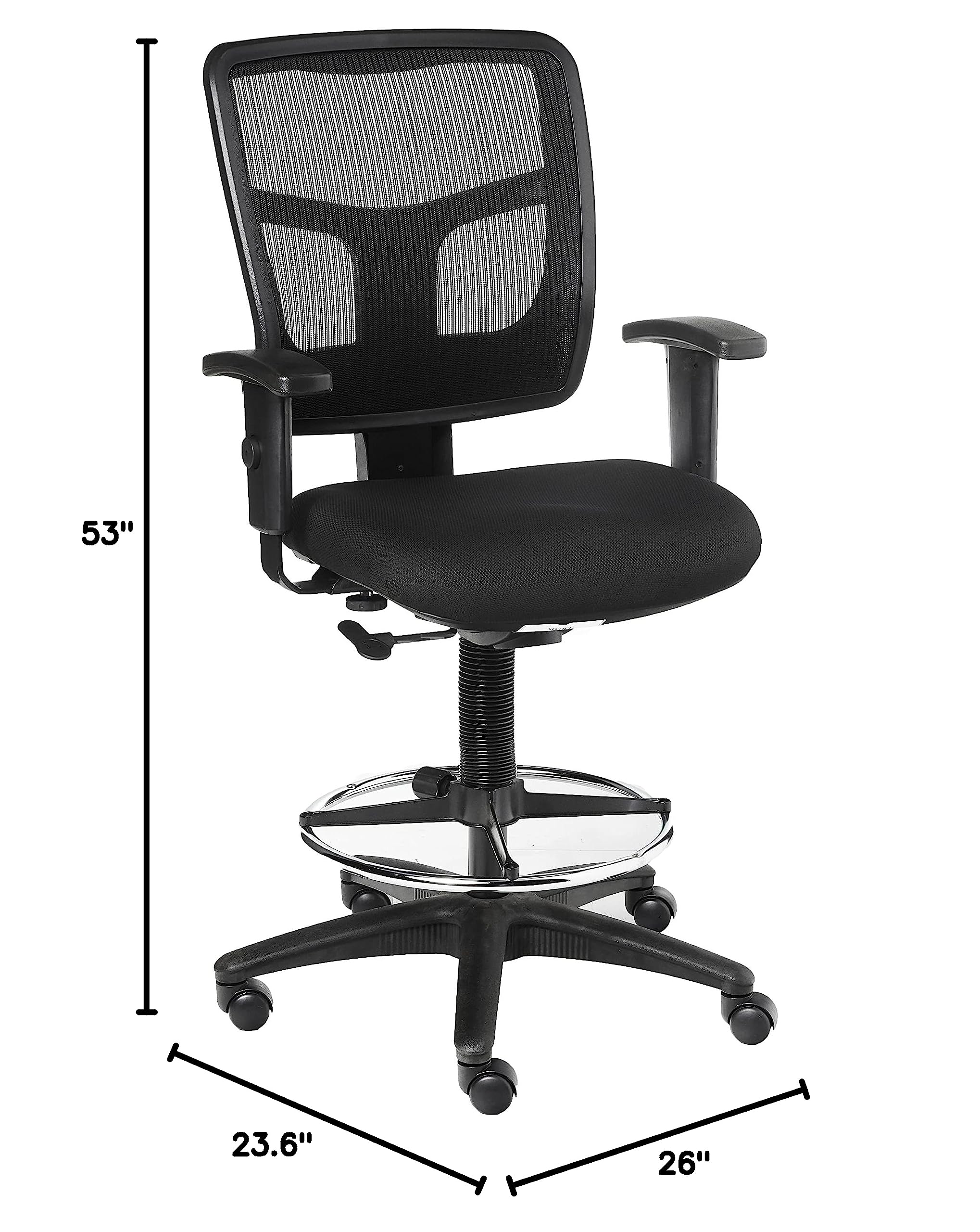 Lorell Mid-Back Ratchet Stool with Foot Ring - Ergonomic Mesh Back & Fabric Seat, Adjustable Office Chair, Black - Perfect for Home Office, Workstation, and Computer Desk Use