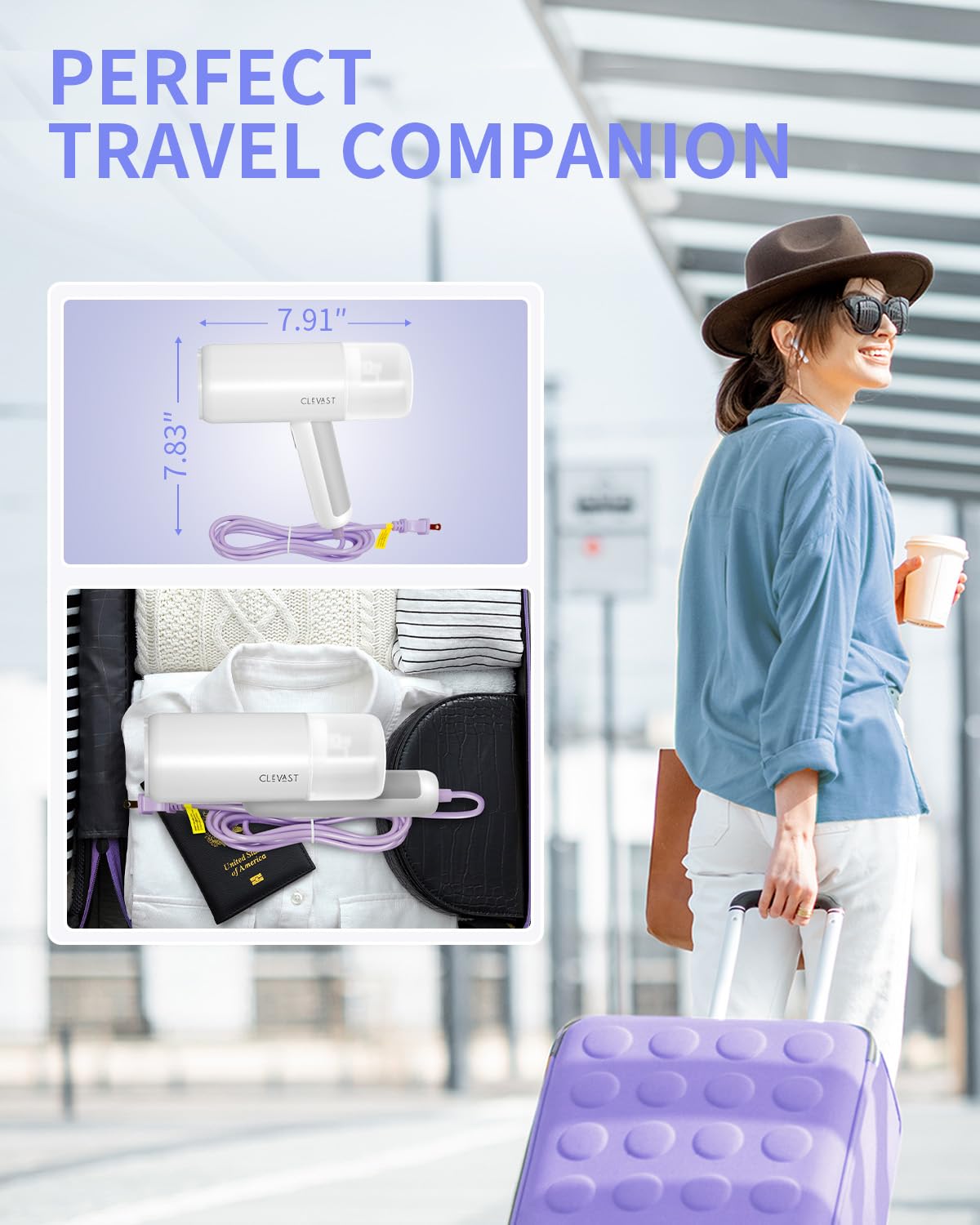 CLEVAST 1200W Portable Handheld Steamer for Clothes - Foldable Travel Garment Steamer with 20-Second Fast Heat-Up, 150ml Fabric Wrinkle Remover & Brush - Perfect for Home, Office, Travel & Suitcase Packing (120V Only)