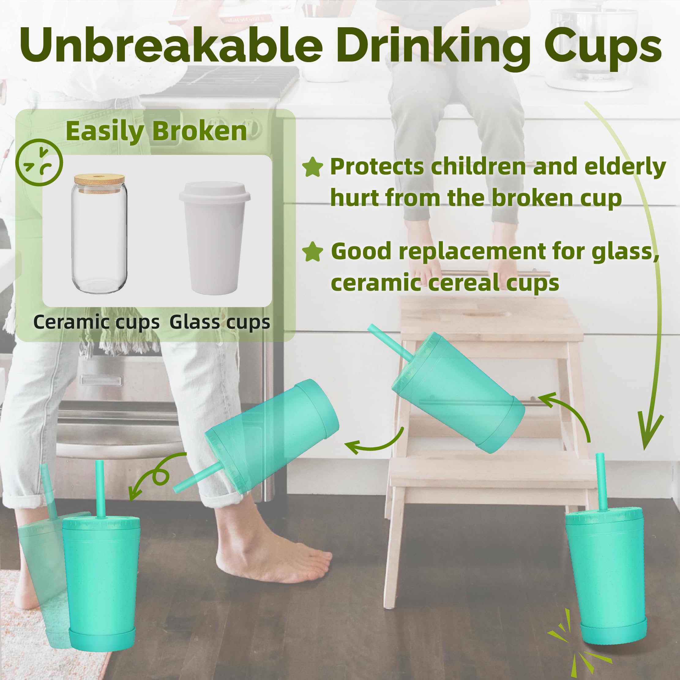Homestockplus 10 Oz Reusable Wheat Straw Cups with Lids & Silicone Straws - BPA Free, Chip Resistant, Dishwasher & Microwave Safe - Perfect for Toddler Milk, Drinks, Smoothies, Juice, Coffee - Ideal for Home, Office, Travel & Outdoor Activities