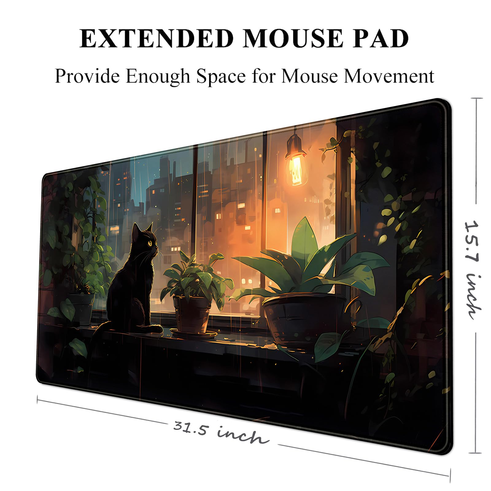 Black Cat Anime Desk Mat - Large Gaming Mouse Pad with Green Plants for Women, Perfect for Laptop & Desktop Decor