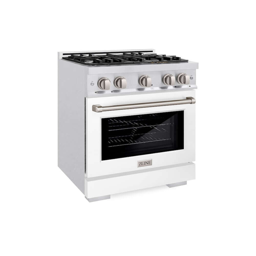 ZLINE 30 Inch 4.2 Cu. Ft. Select Gas Range with 4 Burner Cooktop & Convection Gas Oven - Satin Stainless Steel with White Matte Door (HGRS WM 30) - Perfect for Modern Kitchens & Home Cooking