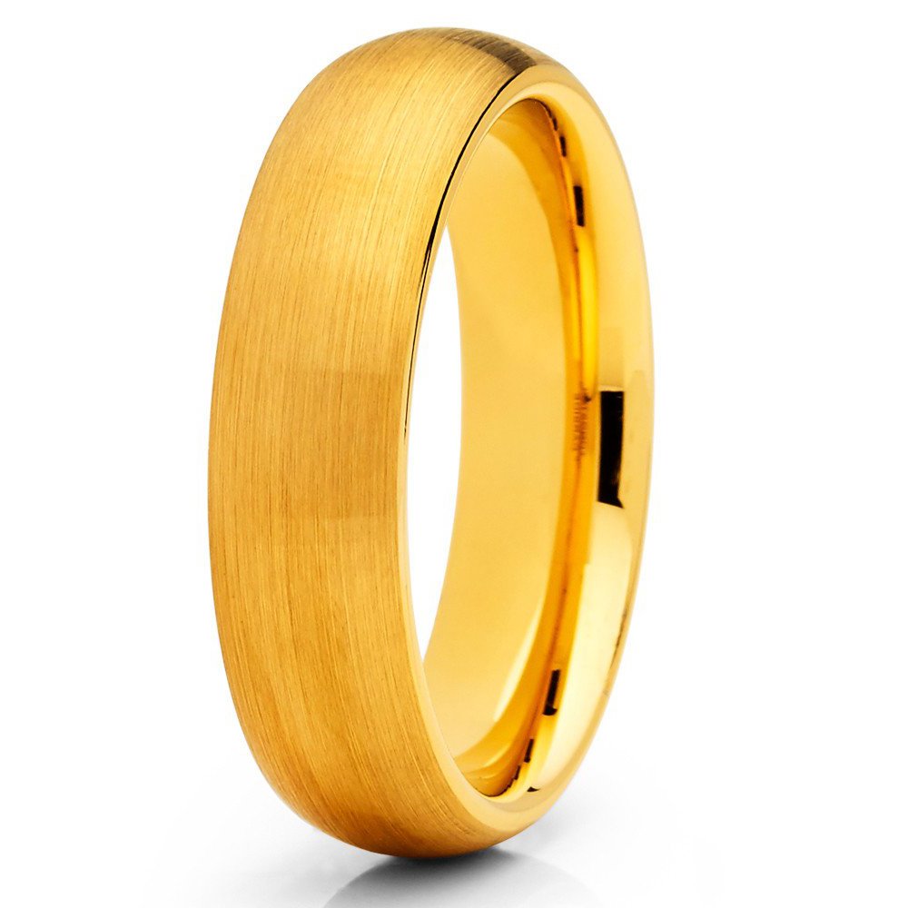 6mm Yellow Gold Tungsten Wedding Band for Men & Women - 18K Gold Plated Comfort Fit Dome Brush Ring - Perfect for Engagement, Anniversary & Everyday Wear