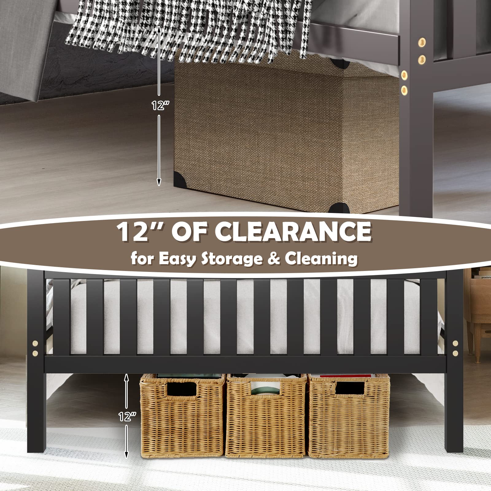**KOMFOTT Solid Wood Full Size Bed Frame with Headboard & Footboard - 8-Slat Platform Mattress Foundation, 12