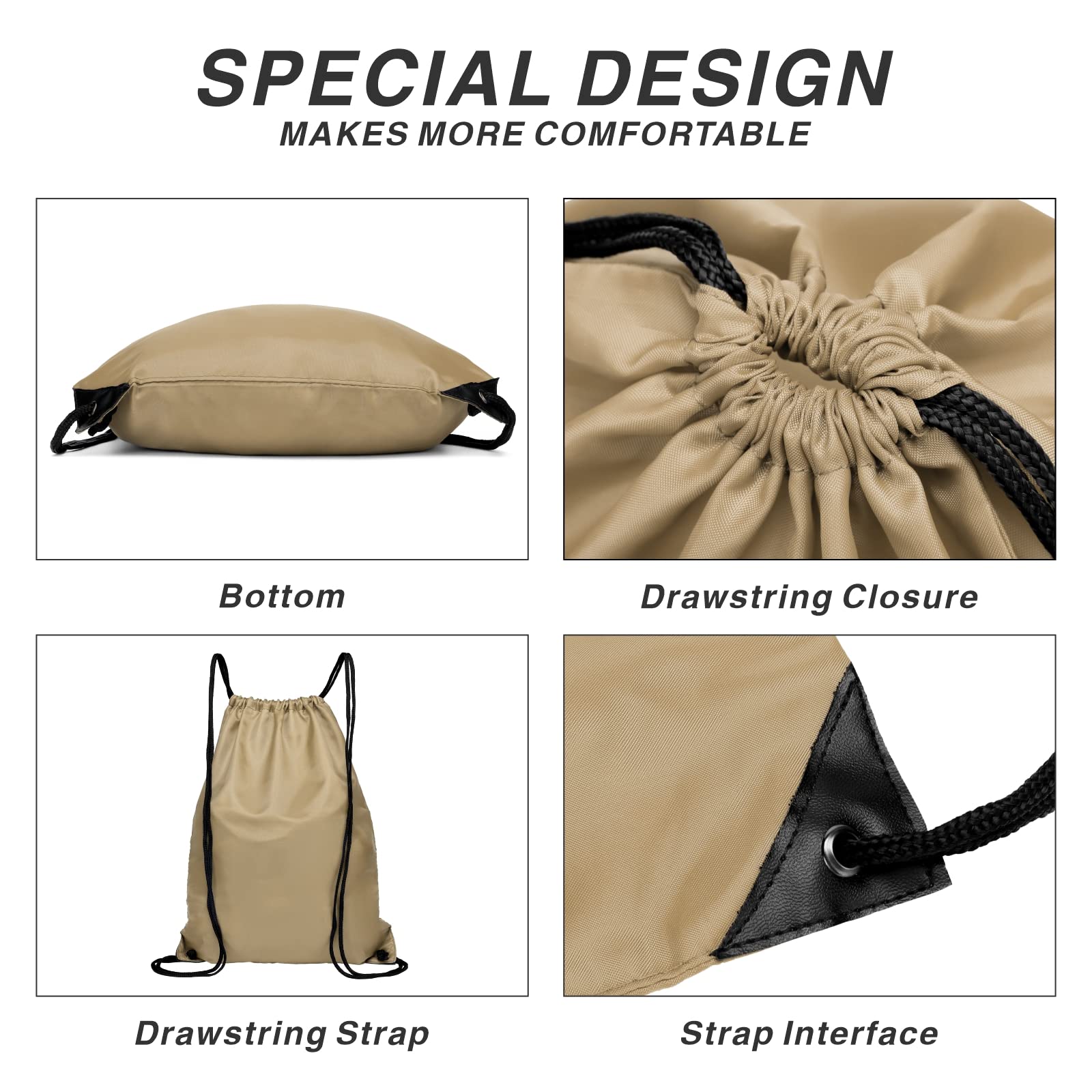 Lightweight 210D Nylon Drawstring Backpack with Zipper Side Pocket - Foldable Sports Gym Tote Bag for Men & Women (Khaki) - Perfect for Workouts, Travel, School & Outdoor Activities