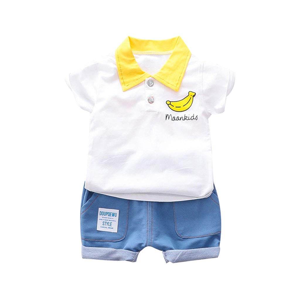 Xbgqasu Boys' Short Sleeve Banana Print T-Shirt & Casual Pants Outfit Set - Toddler & Baby Kids Clothes (White, Size 100) - Perfect for Playtime, Preschool & Family Outings