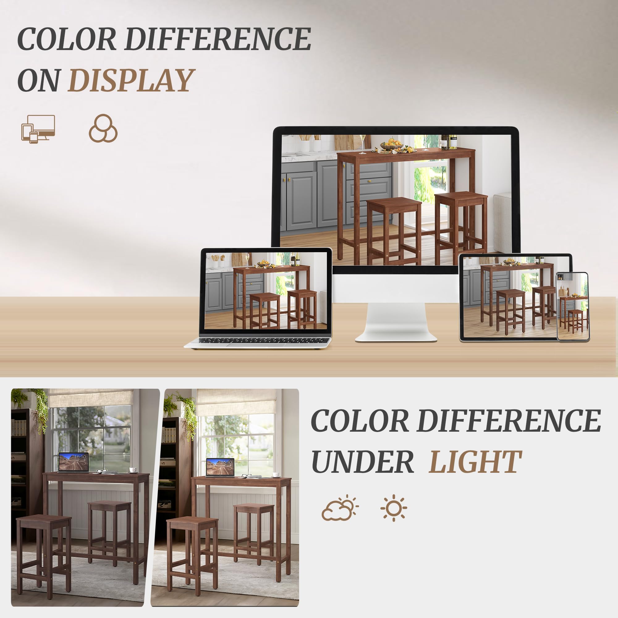 38 Inch Acacia Wood Bar Table and 2 Stools Set - Rectangular Counter Height Pub Table for Dining Room, Kitchen & Living Room - Teak Brown Finish - Perfect for Entertaining, Small Spaces & Modern Home Decor