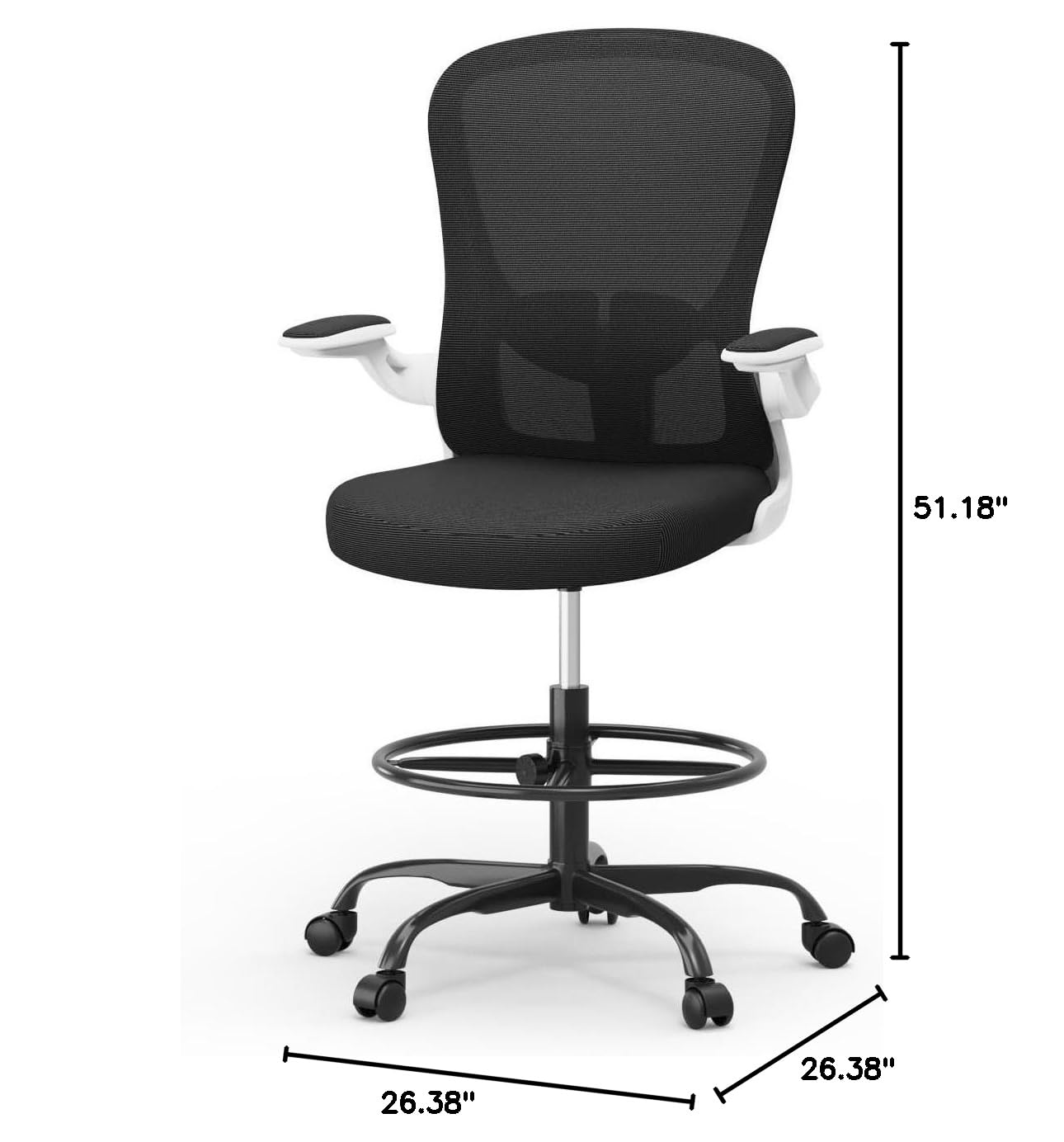 Ergonomic Drafting Chair with Flip-Up Armrests & Adjustable Footrest - Tall Office Chair for Standing Desks - Executive Computer Chair with Lumbar Support - Perfect for Architects, Designers & Home Office Workspaces
