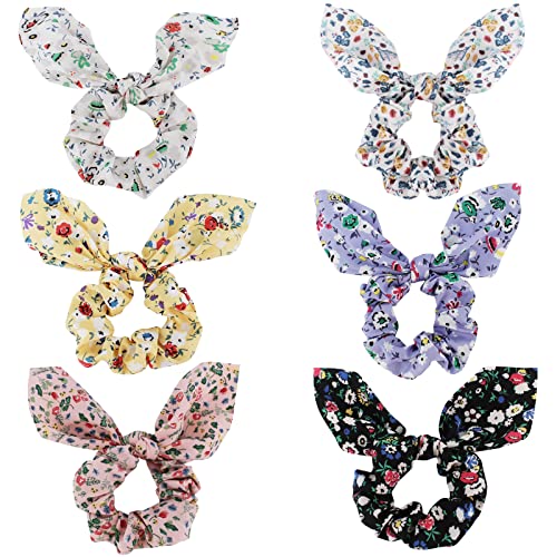 Jaciya Satin Bow Scrunchies for Women & Girls - Cute Bunny Ear Hair Ties with Flower Design, Elastic Hair Accessories for Ponytails, Braids & Everyday Styling