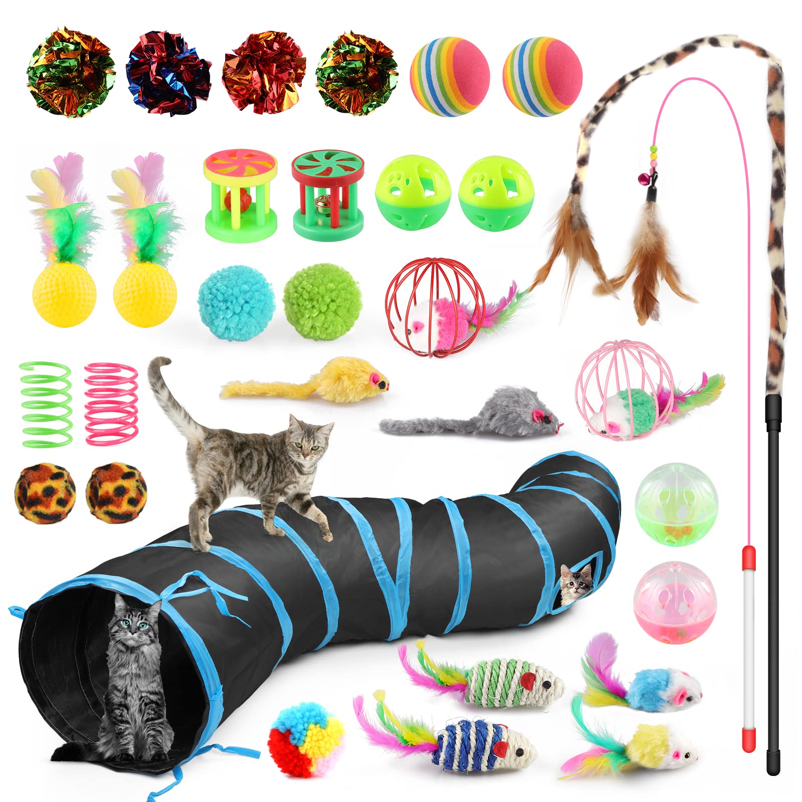 **Oziral 32-Piece Cat Toys Set - Interactive Kitten Toys with Feather Teaser Wand, Sisal Mice, Bell Balls & Crinkle Balls - Fun Indoor Play for Cats & Kittens - Perfect for Exercise, Bonding & Stress Relief**