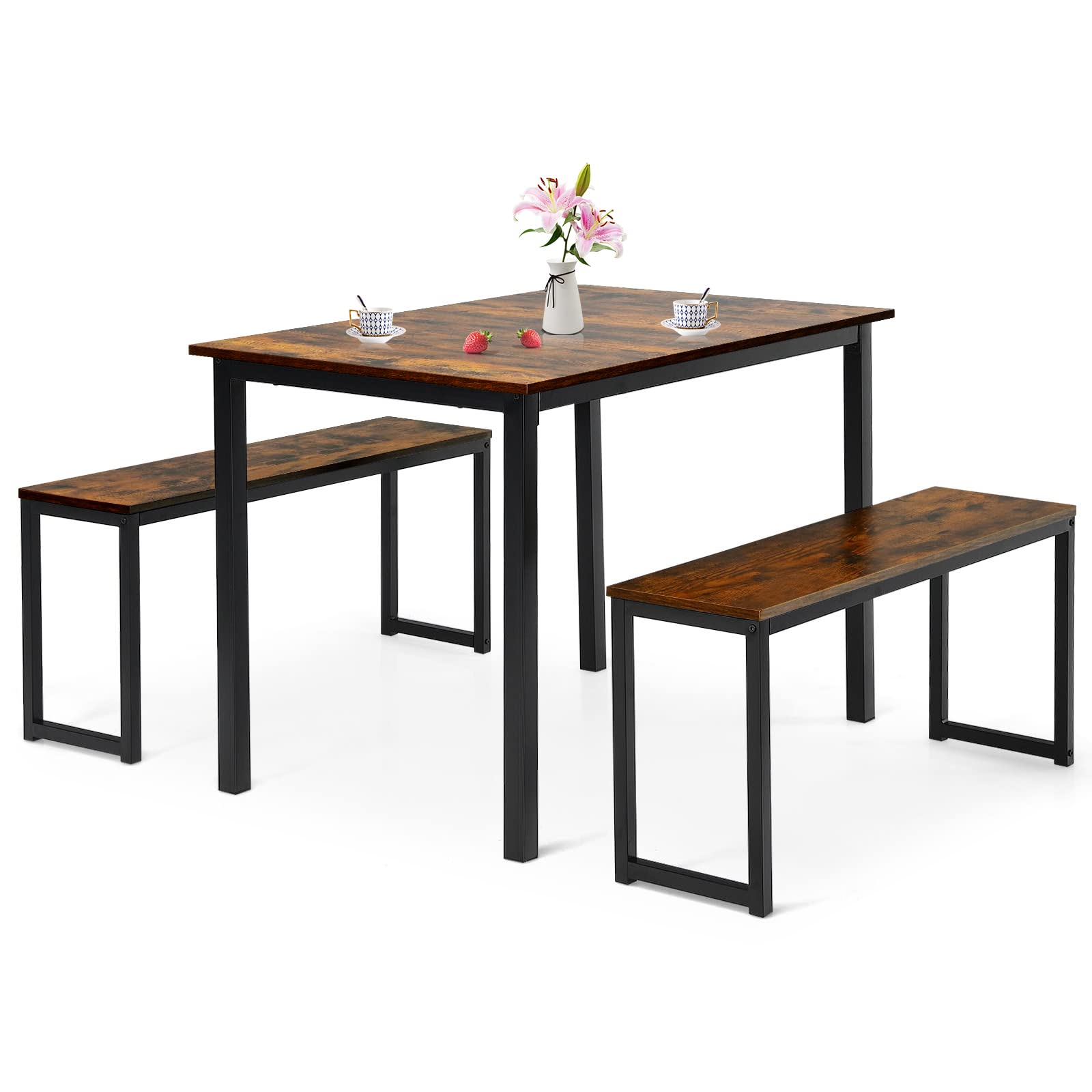 COSTWAY 3-Piece Counter Height Dining Table Set for 4 People with 2 Benches, Industrial Style Rectangular Kitchen Table with Anti-Slip Pads & Sturdy Steel Frame - Perfect for Small Spaces, Breakfast Nooks, Kitchens, Dining Rooms and Coffee Bars